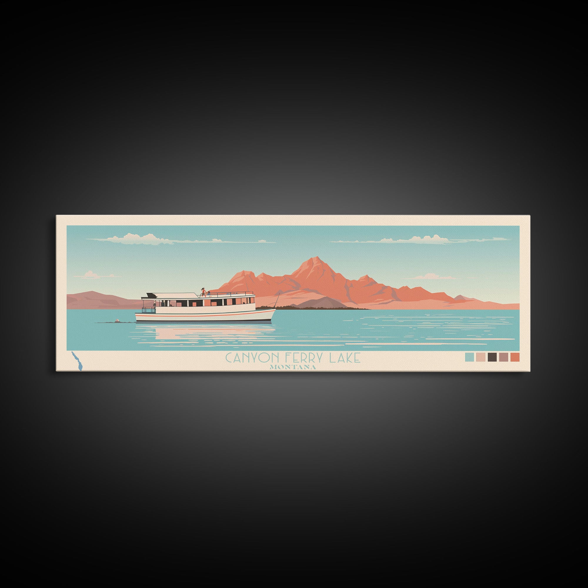 Canyon Ferry Lake Montana Framed Canvas Print, Pop Art Panoramic Travel Poster, Bedroom Decor, Midcentury Modern, Wall Art, Scenic Lake House, Nature Art