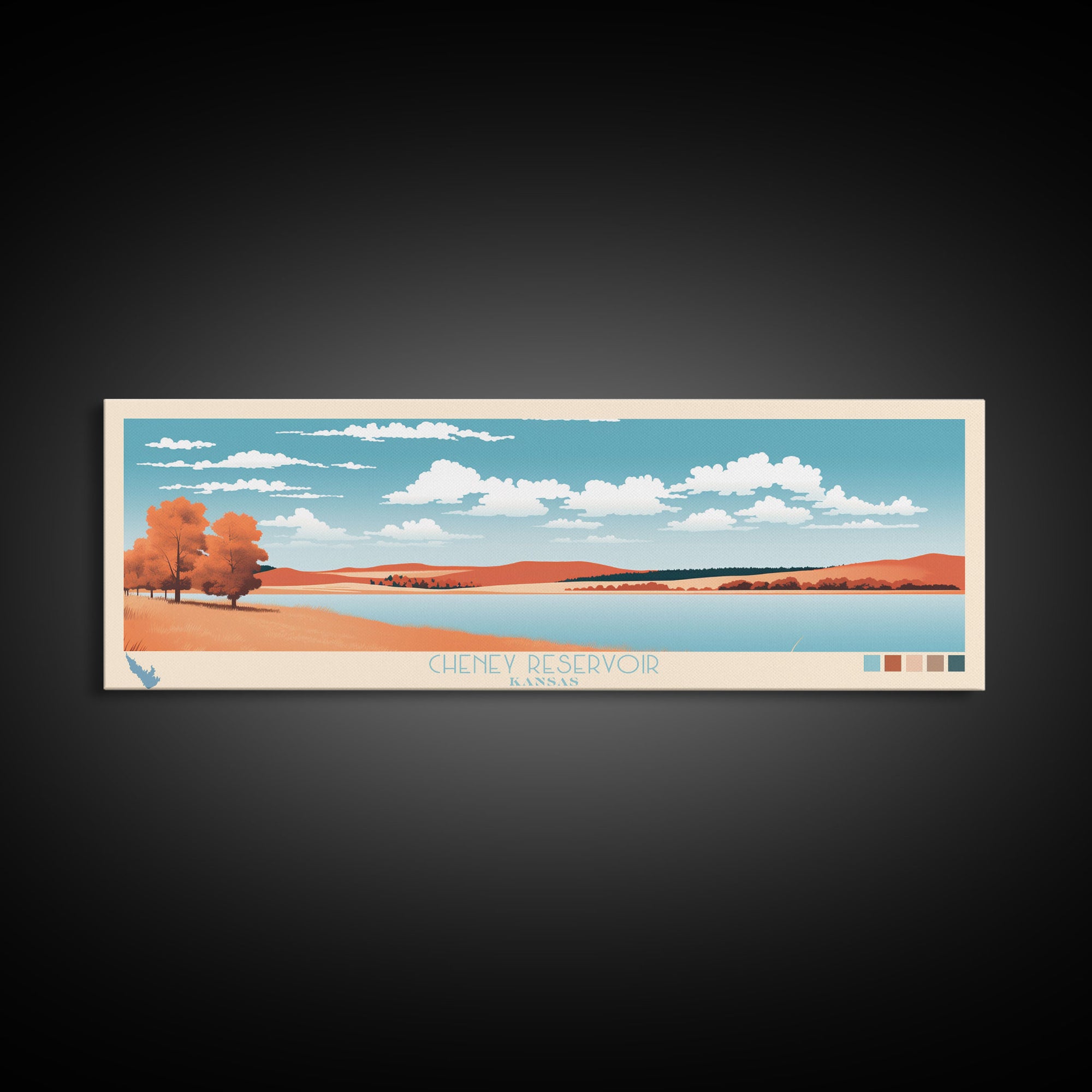 Cheney Reservoir Kansas Framed Canvas Print, Midcentury Modern Panoramic Wall Art, Living Room Decor, Pop Art, Travel Poster Art, Scenic Nature Painting, Lake House Decor