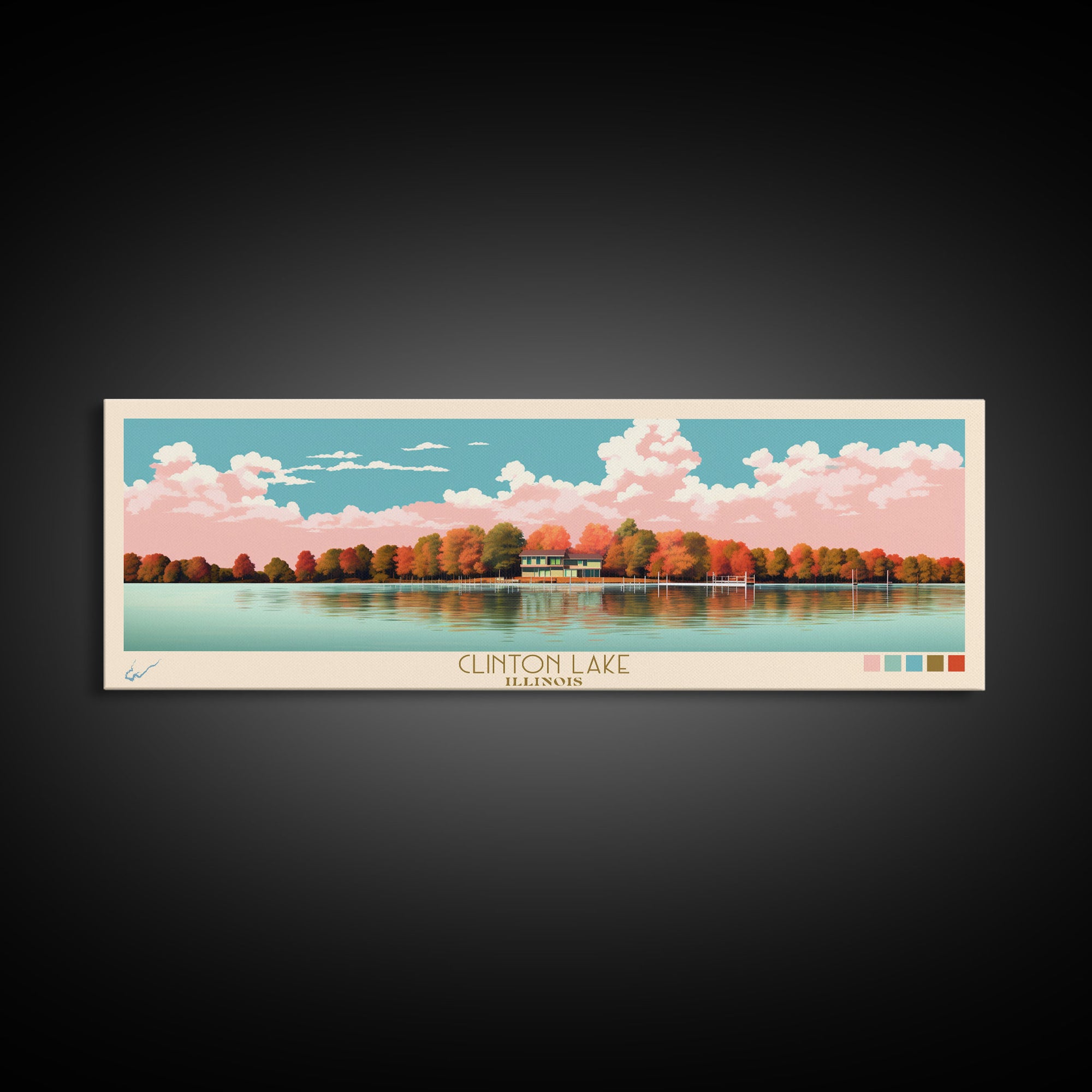 Clinton Lake Illinois Framed Canvas Print, Midcentury Modern Panoramic Wall Art, Living Room Decor, Pop Art, Travel Poster Art, Scenic Nature Painting, Lake House Decor