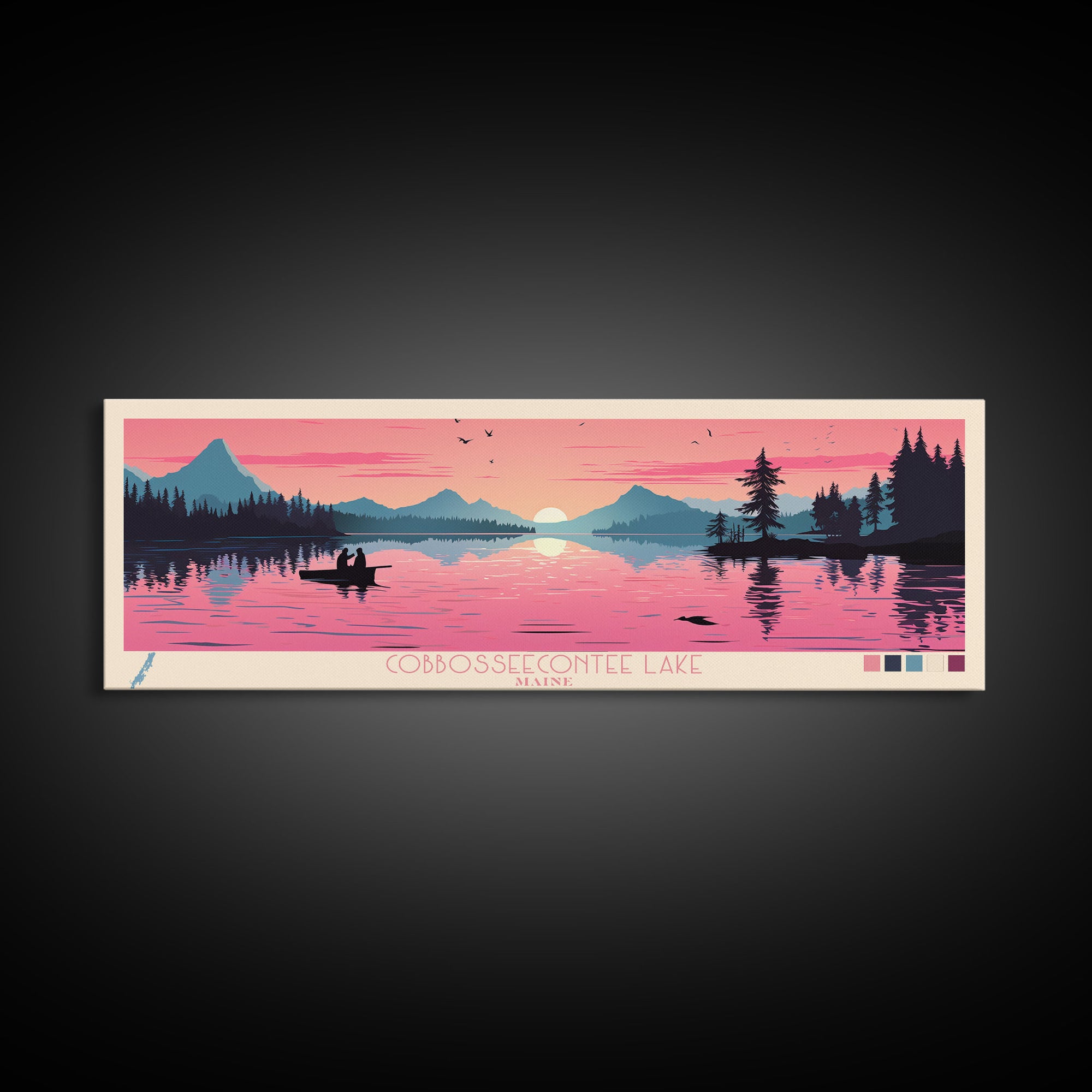 Cobbosseecontee Lake Maine Framed Canvas Print, Midcentury Modern Panoramic Wall Art, Living Room Decor, Pop Art, Travel Poster Art, Scenic Nature Painting, Lake House Decor