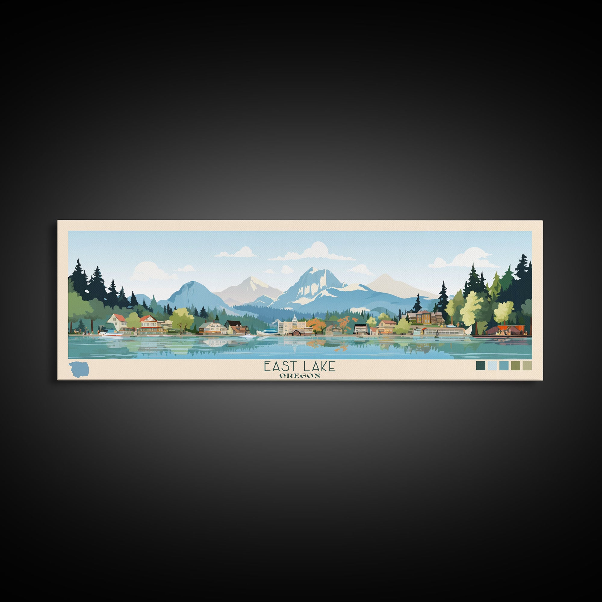 East Lake Oregon Framed Canvas Print, Panoramic Landscape Art, Midcentury Modern, Pop Art, Living Room Wall Art, Travel Poster, Beautiful Nature Art