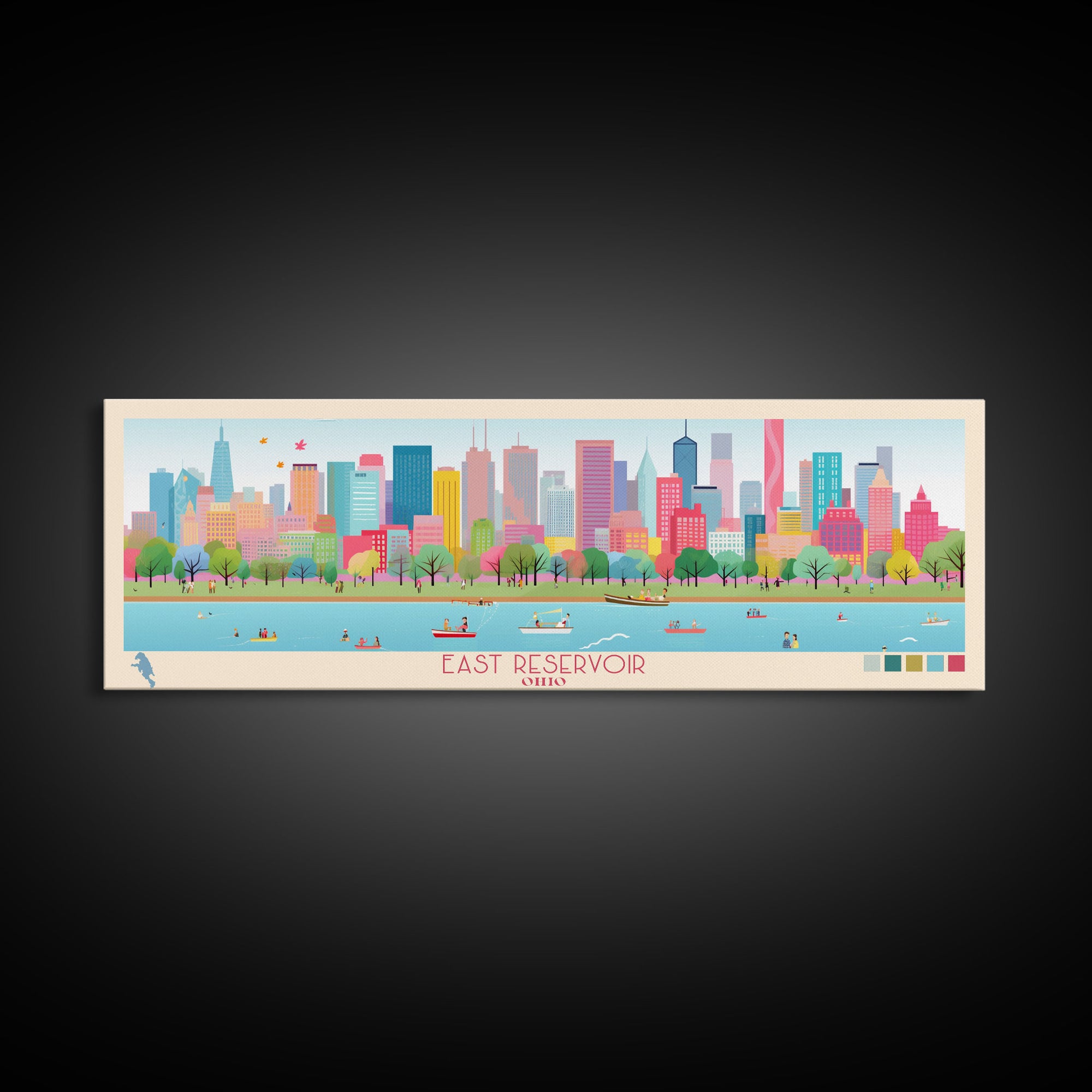 East Reservoir Ohio Framed Canvas Print, Panoramic Art, Midcentury Modern, Pop Art, Bedroom Wall Decor, Travel Poster, Lake View Art