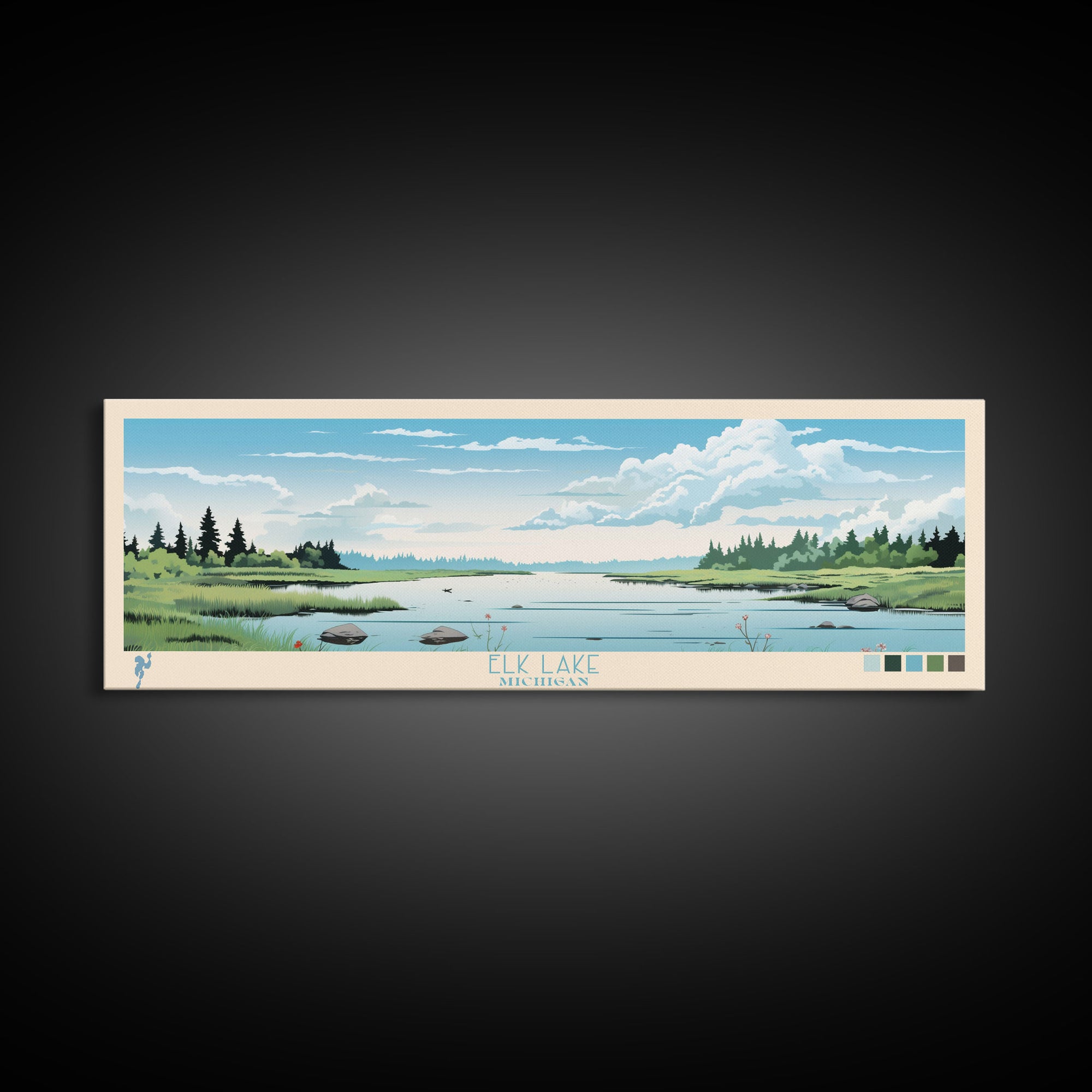 Elk Lake Michigan Framed Canvas Print, Panoramic Wall Art, Midcentury Modern, Pop Art, Bedroom Decor, Travel Poster, Nature Art