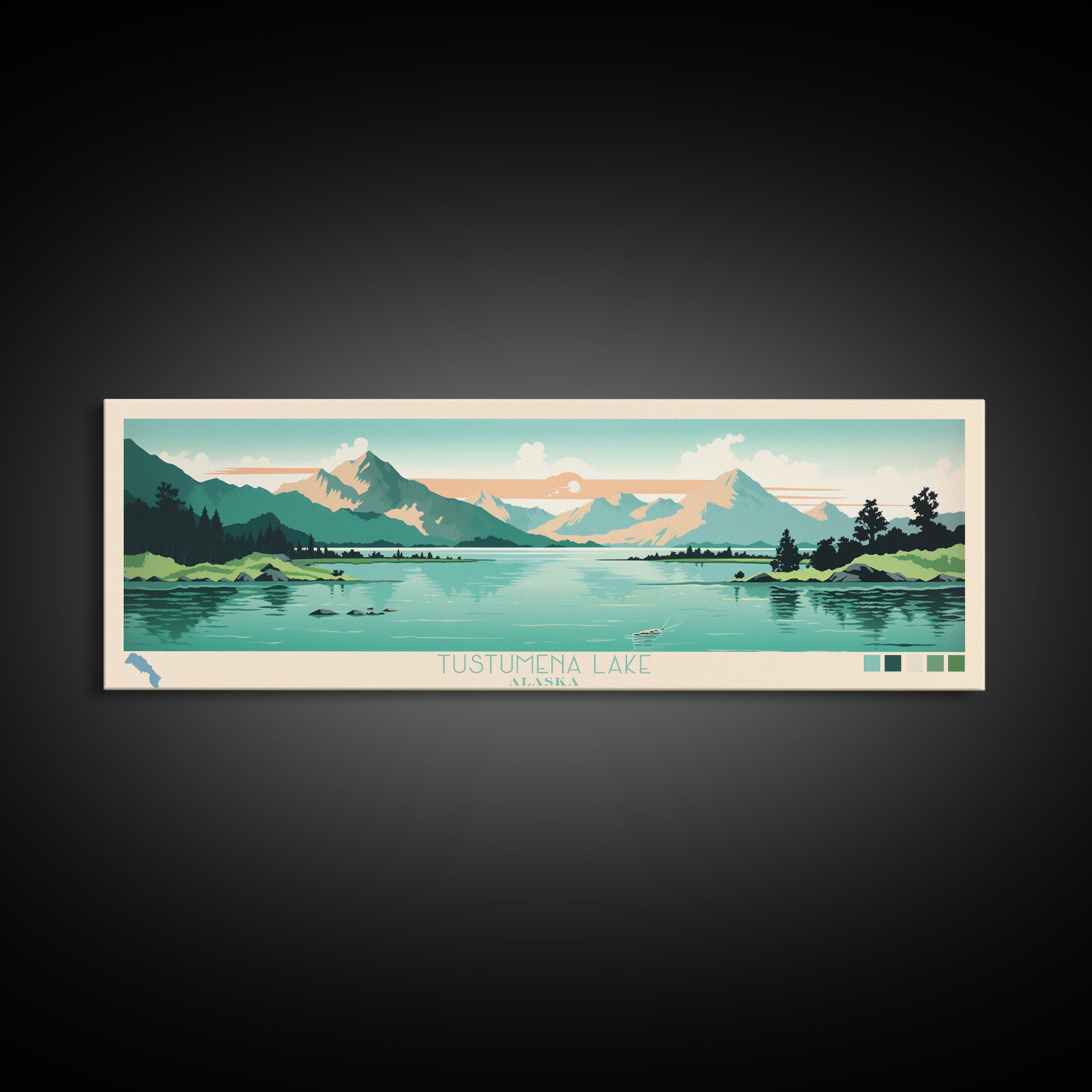 Tustumena Lake, Alaska Framed Canvas Print, Lake House Decor, Midcentury Modern Art, Pop Art, Travel Poster, Living Room Wall Art