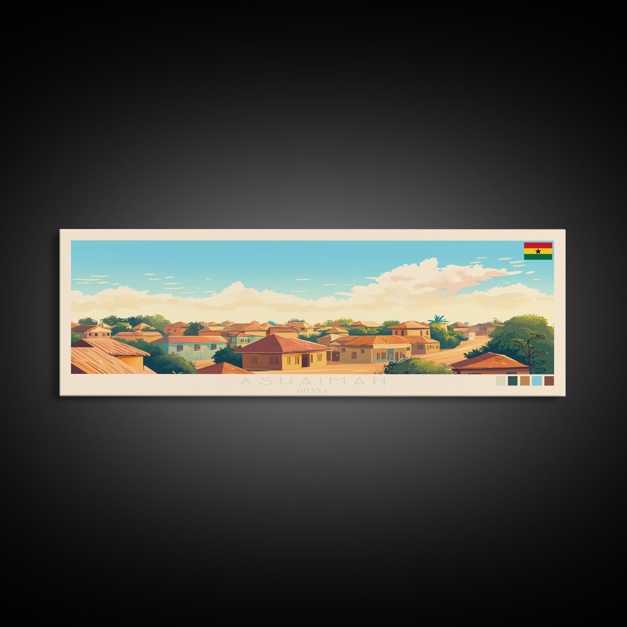 Panoramic Travel Poster Ashaiman, Ghana Canvas Print, Ashaiman, Ghana Painting, Ghana Art, Ashaiman Travel Art, Guest Room Painting