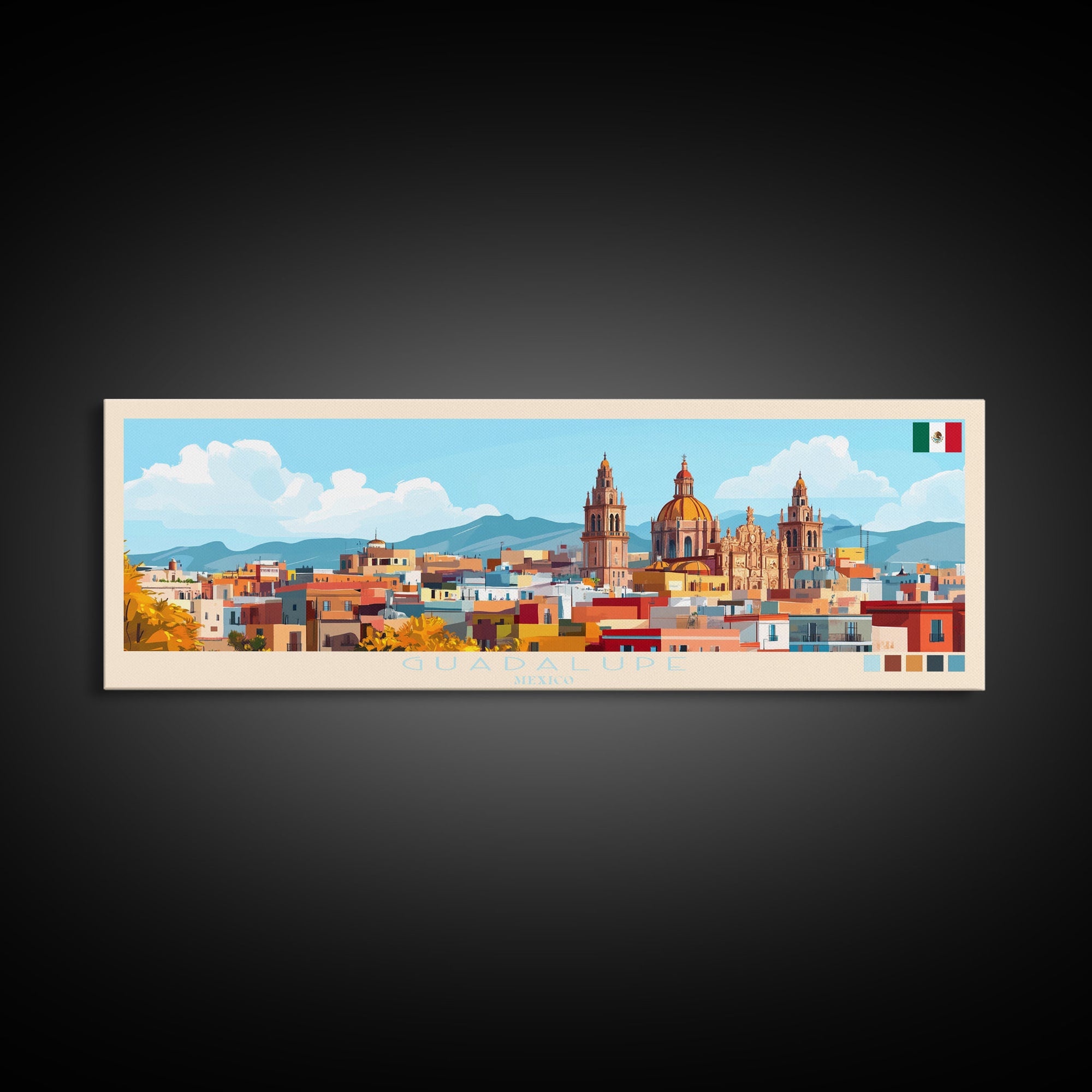 Guadalupe, Mexico Panoramic Travel Poster Canvas Print, Guadalupe, Mexico Painting, Mexico Art, Guadalupe Panoramic Travel Art, Travel Painting
