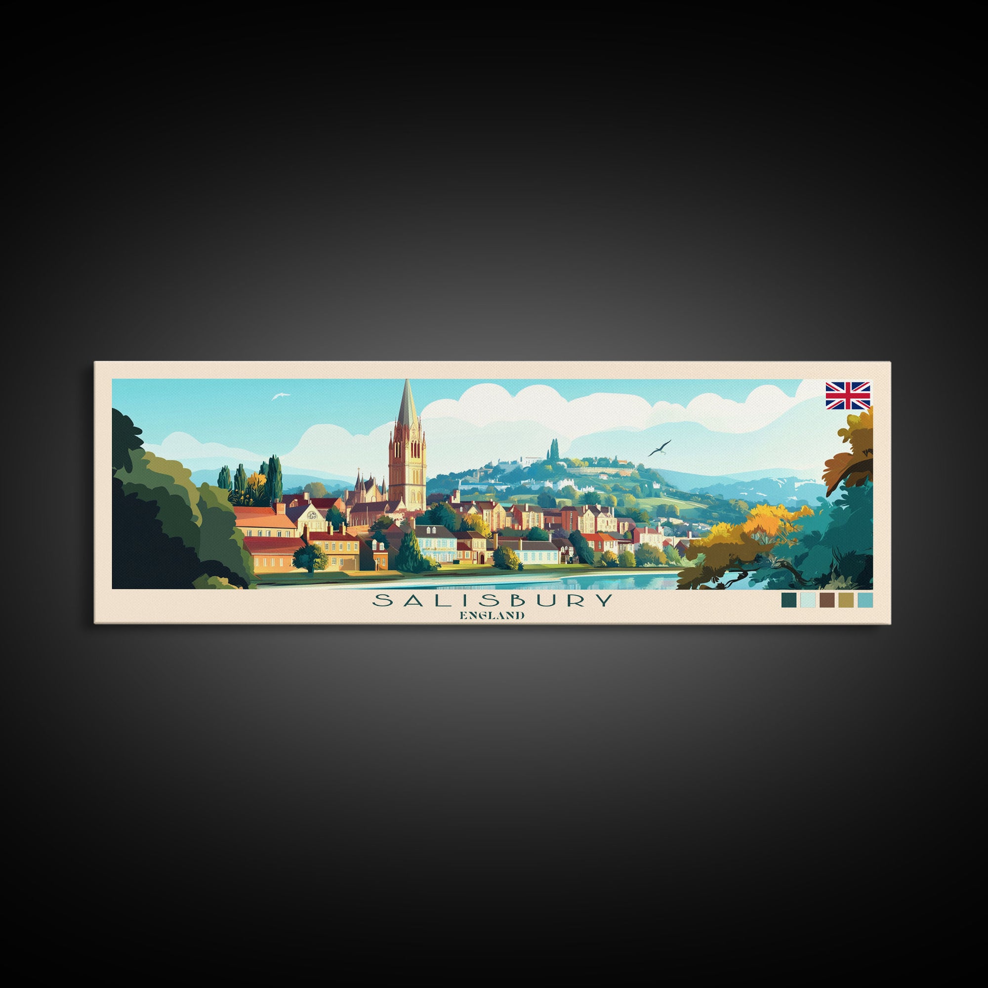 Panoramic Travel Poster Salisbury, England Canvas Print, Salisbury, England Painting, England Art, Salisbury Travel Art, Guest Room Painting