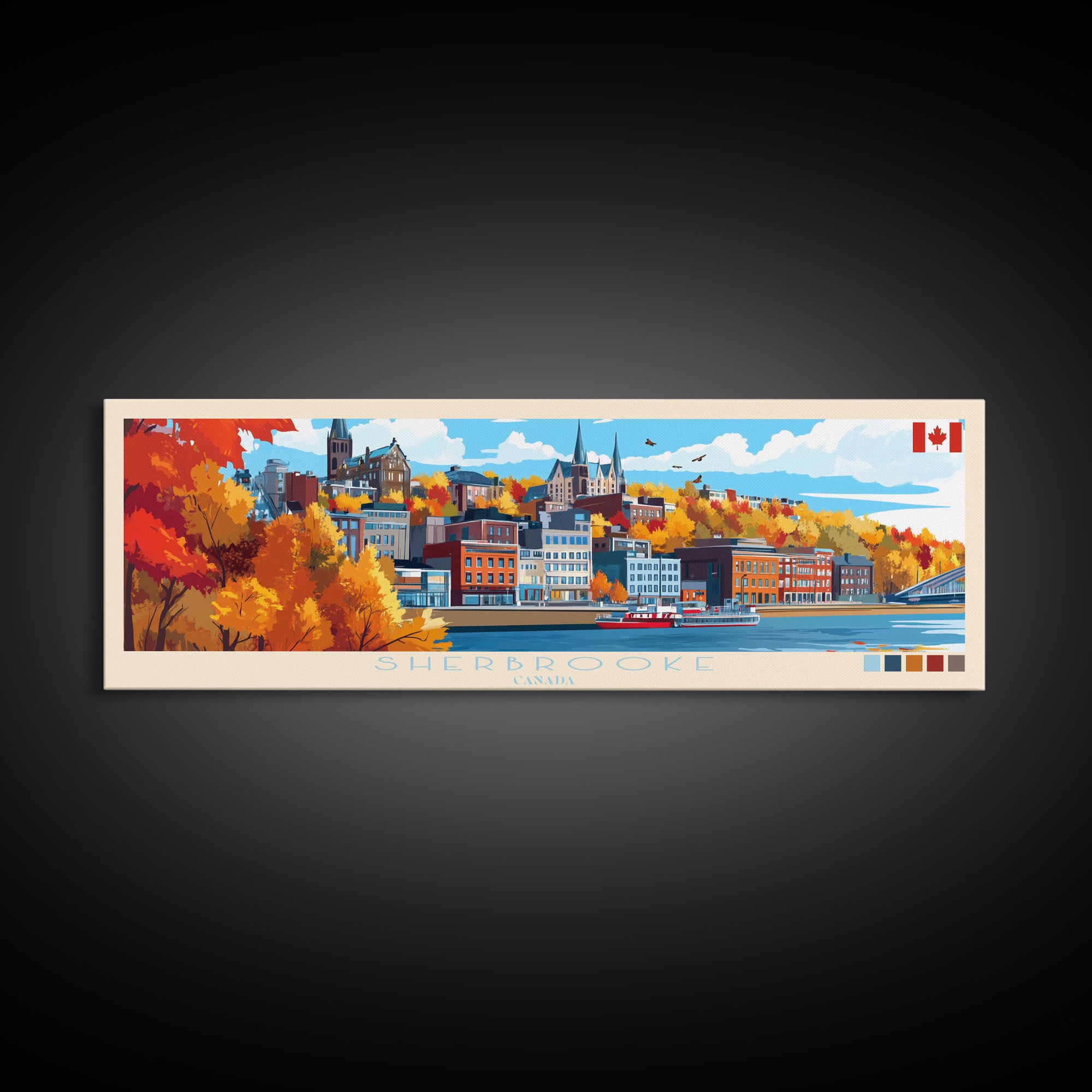 Sherbrooke, Canada Panoramic Travel Poster Canvas Print, Sherbrooke, Canada Painting, Canada Art, Sherbrooke Panoramic Travel Art, Travel Painting
