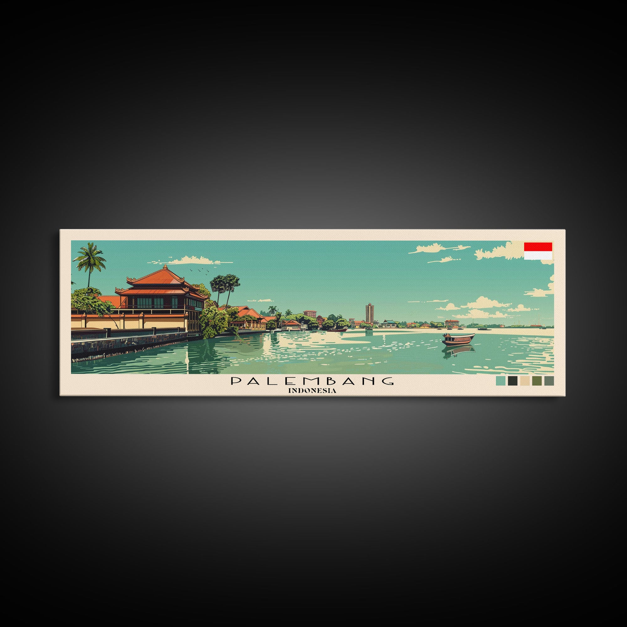 Palembang, Indonesia Panoramic Canvas Print, Palembang, Indonesia Painting, Indonesia Art, Palembang Travel Poster, Travel Art, Guest Room Painting