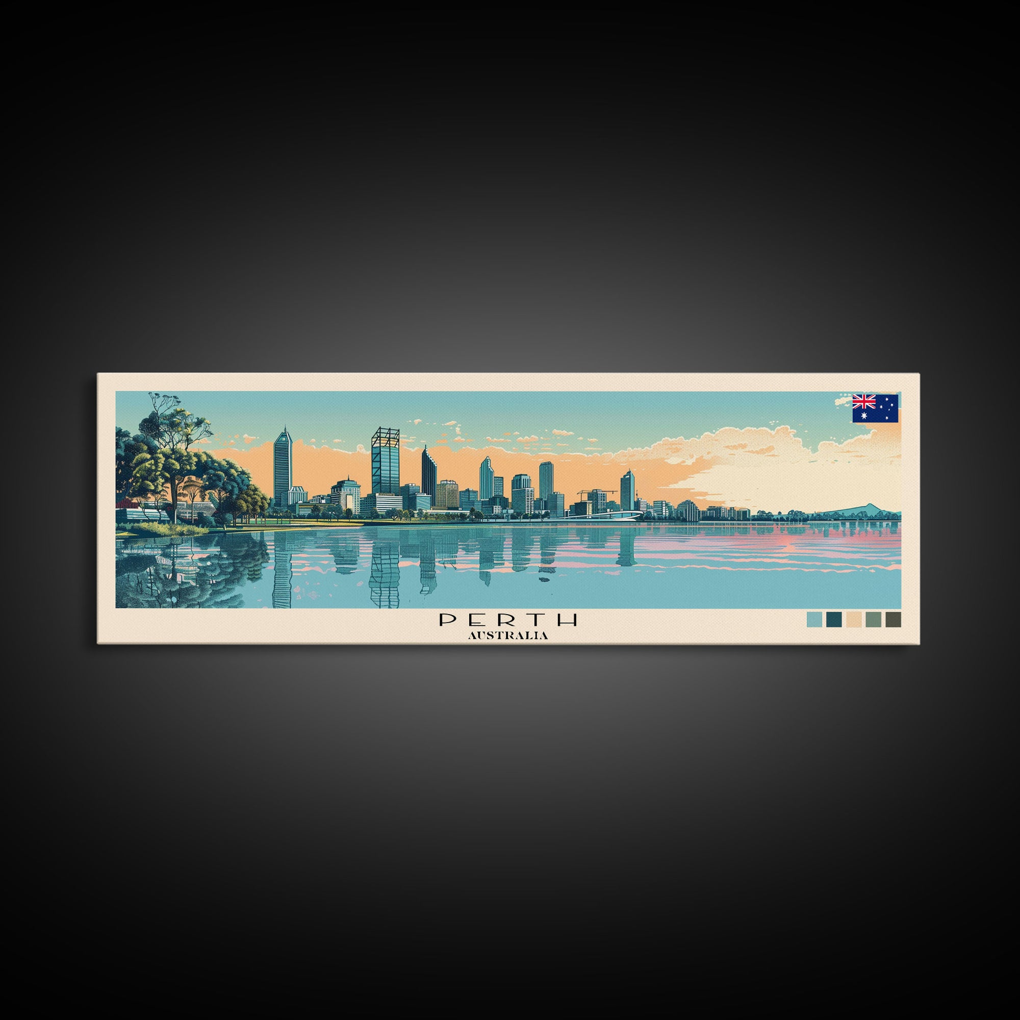 Perth, Australia Panoramic Canvas Print, Perth, Australia Painting, Australia Art, Perth Travel Poster, Travel Art, Vacation Gift