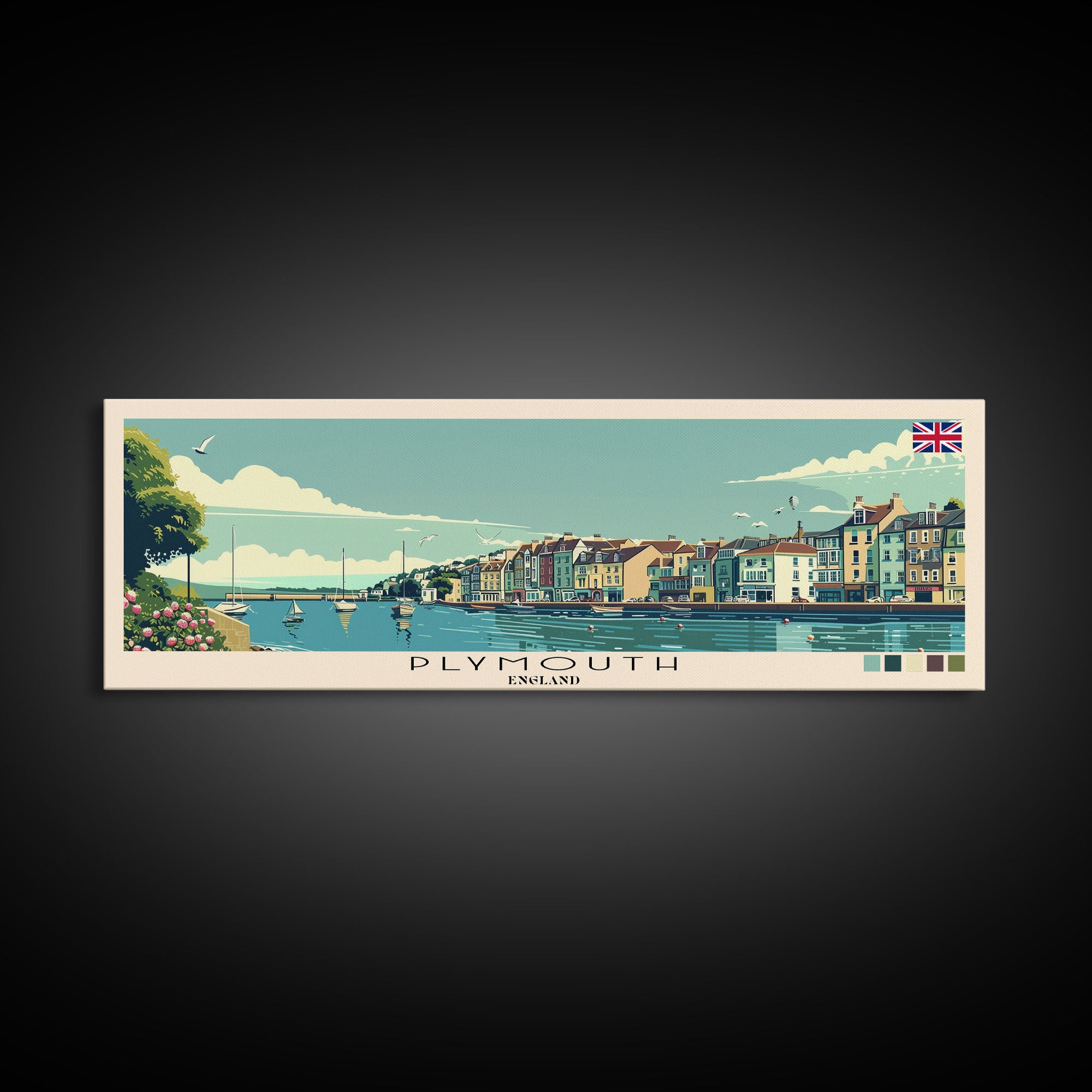 Plymouth, England Panoramic Canvas Print, Plymouth, England Painting, England Art, Plymouth Travel Poster, Travel Art, Guest Room Painting