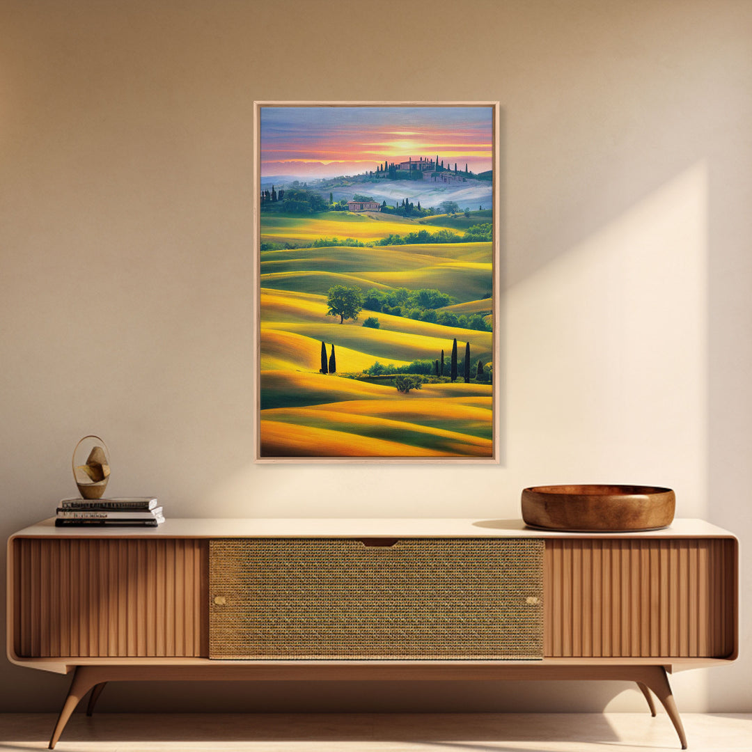 Italian Countryside at Sunset, Italy Art, Framed Canvas Print, Ready To Hang Framed Wall Art, Living Room Wall Hanging