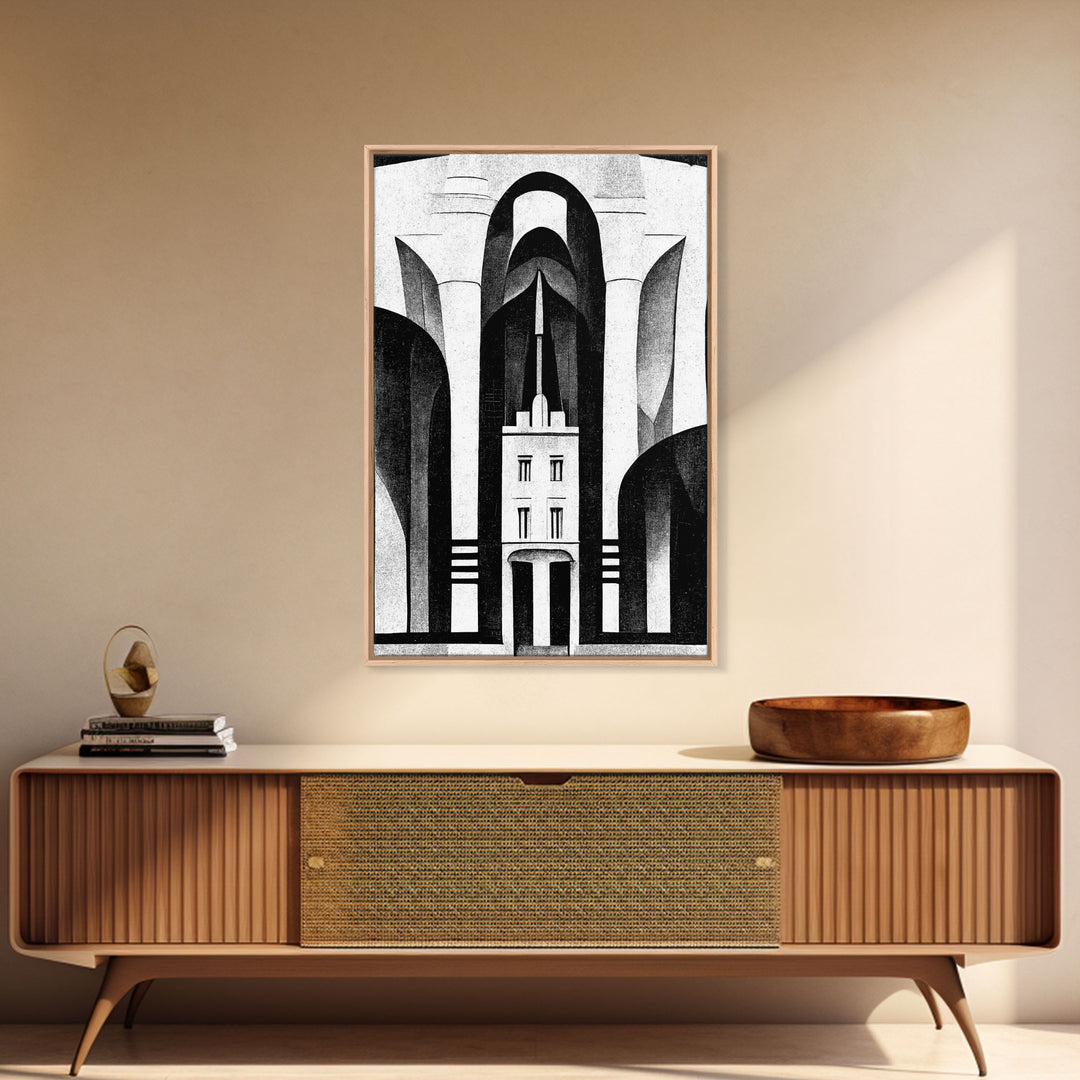 Art Deco Black And White Art Print, Art Deco Architecture, Framed Canvas Print, Ready To Hang Framed Wall Art, Living Room Wall Hanging