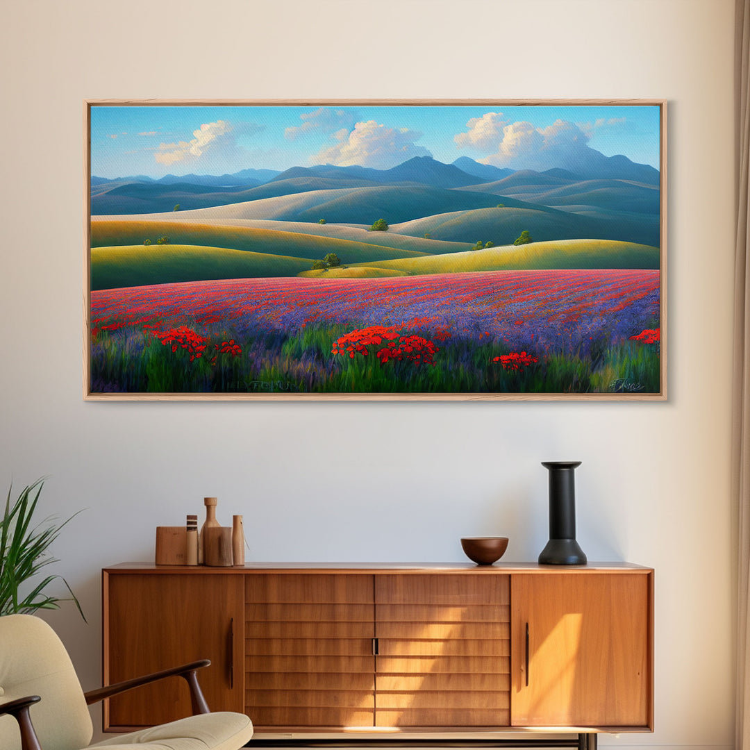 Beautiful Colorful Painting of a field of flowers, Wall Decor, Ready To Hang Framed Canvas Print, Oversize Wall Art