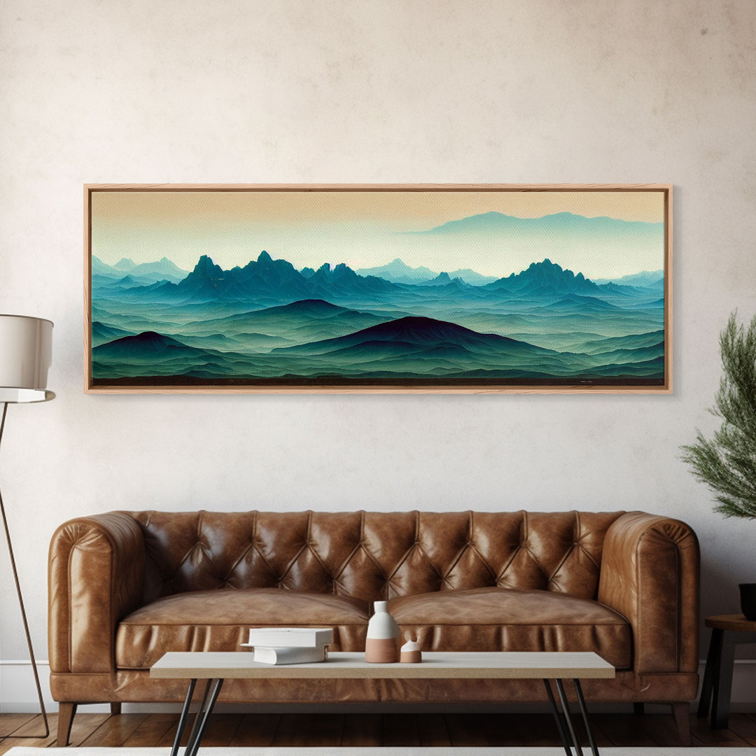 Emerald Green Rolling Hills and Mountains, Landscape Art, Ready To Hang Canvas Print, Framed Wall Art
