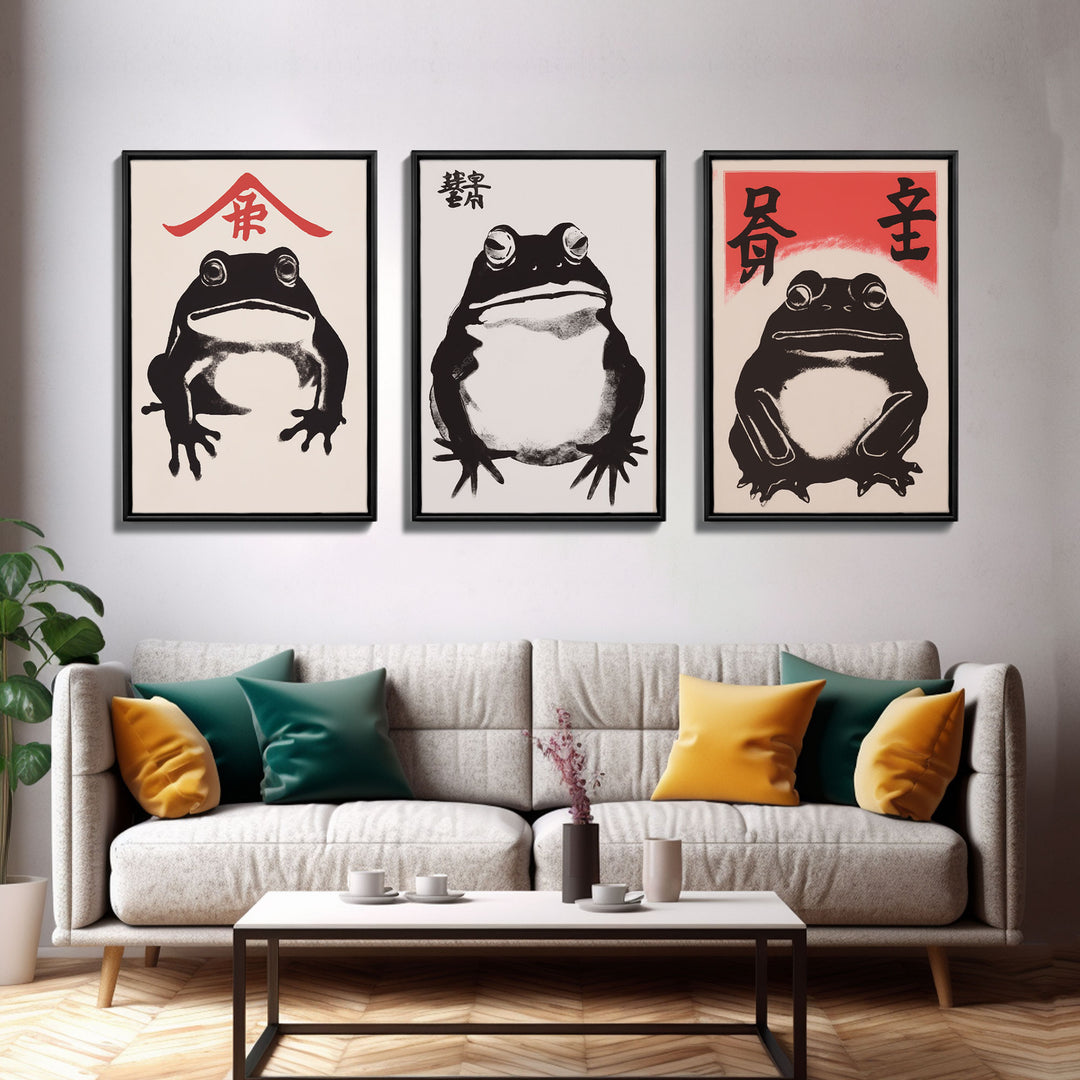 Japanese Set of 3 Frog Prints, Japanese Prints, Vintage Art, Japanese Frog, Matsumoto Hoji Inspired Wall Decor, Modern Art, Wabi Sabi
