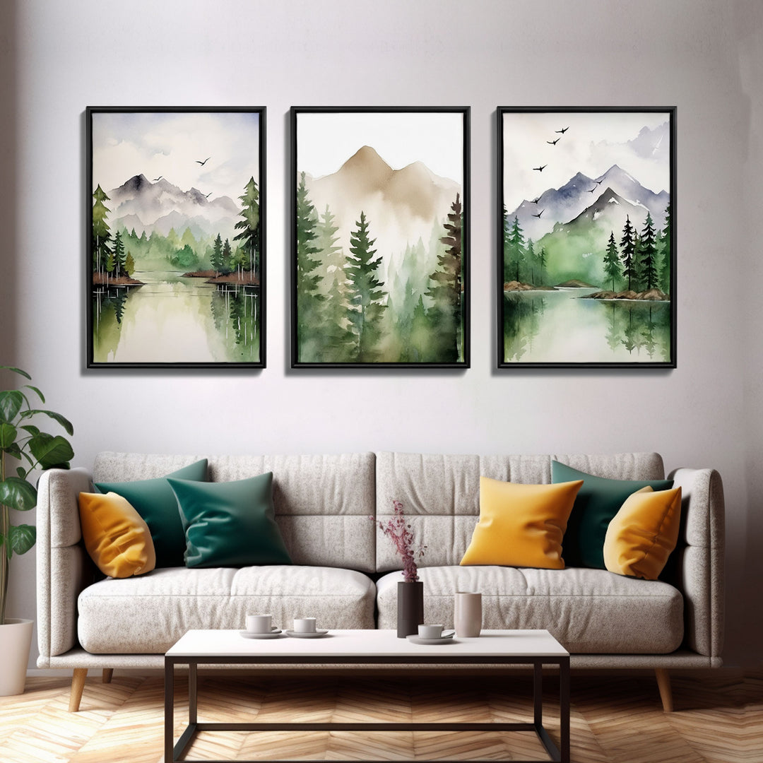 Green Forest Watercolor Framed Canvas Wall Art Set, Green Forest Lake Vintage Landscape Prints Rustic Farmhouse 3 Piece Wall Decor
