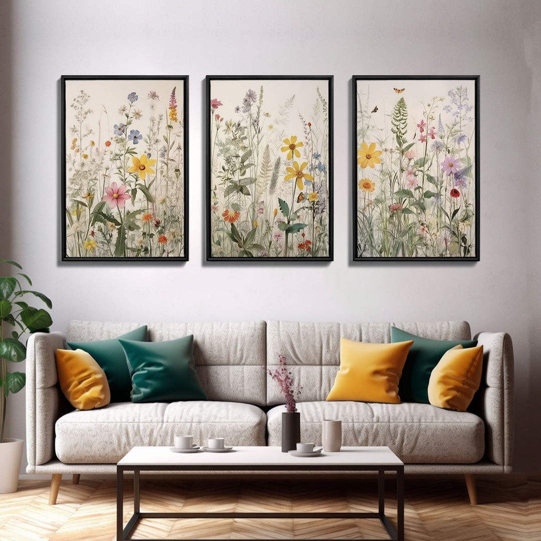 Watercolor Wild Flowers 3 Piece Framed Canvas Wall Art Set Floral Botanical Prints Minimalist Modern Art Boho Wall Decor Nursery Art