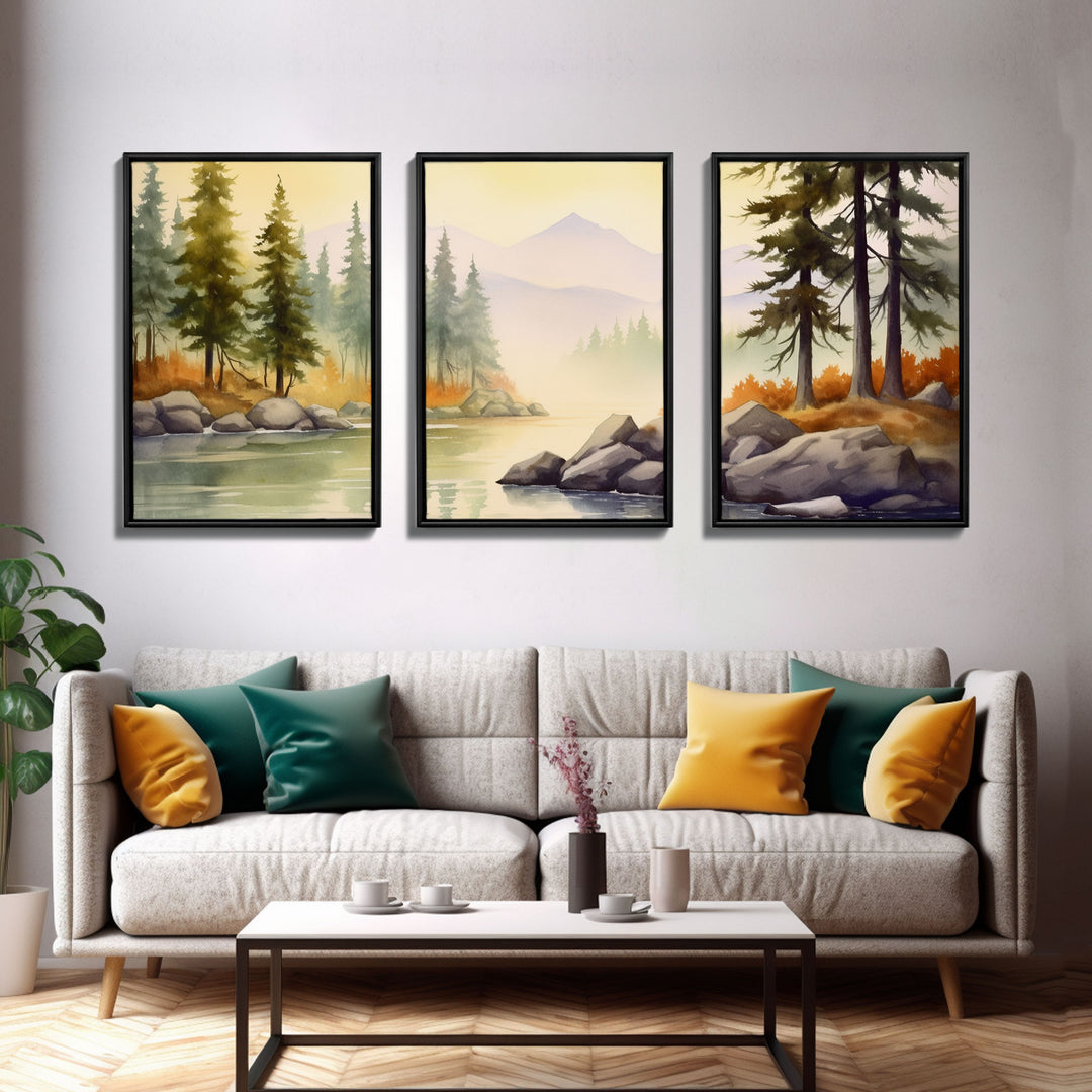 Beautiful Wall Art 3 Piece Canvas Print Framed Wall Decor, Watercolor Landscape Painting Print, Pacific Northwest, Oregon Art