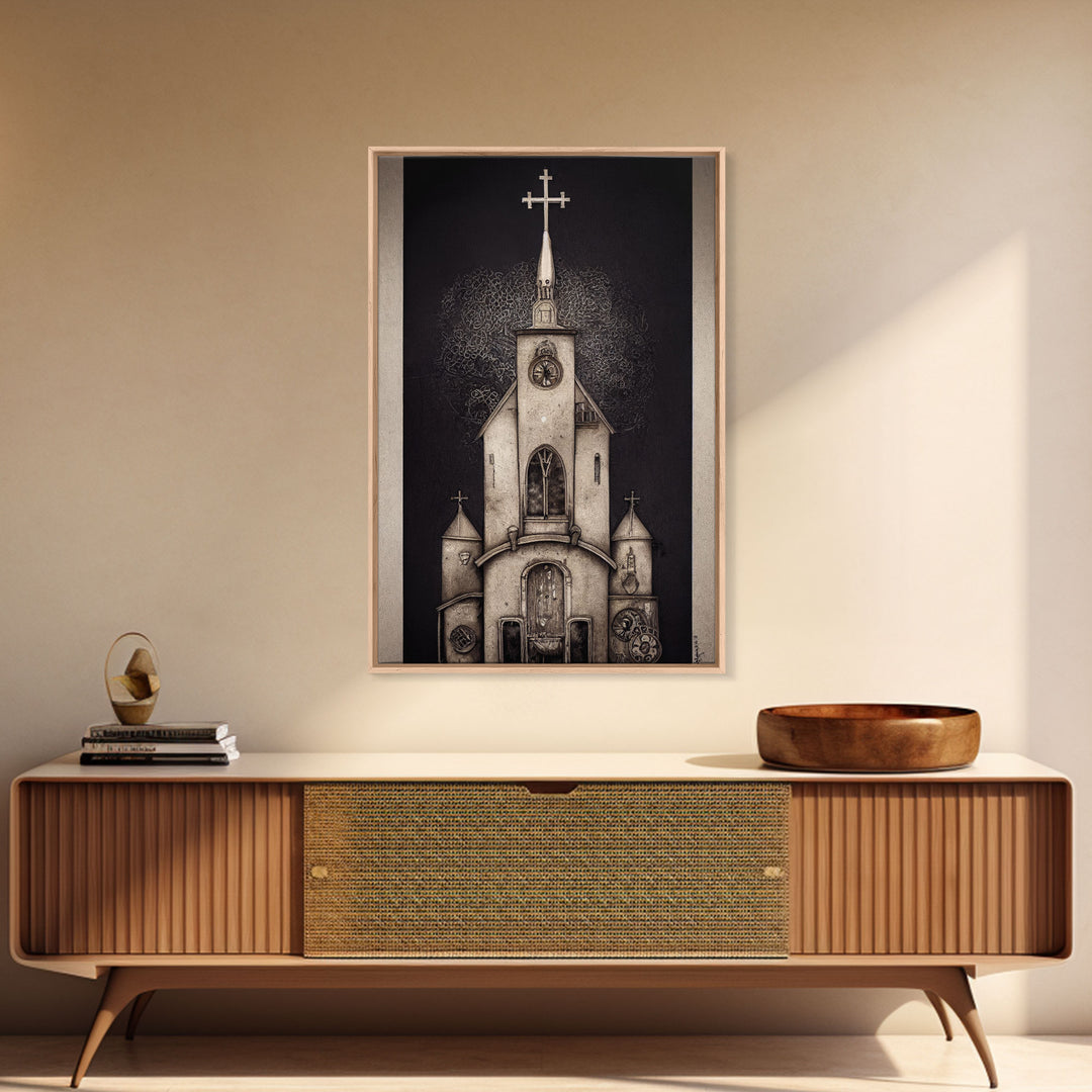 Gothic Church, Framed Canvas Print, Ready To Hang Framed Wall Art, Living Room Decor