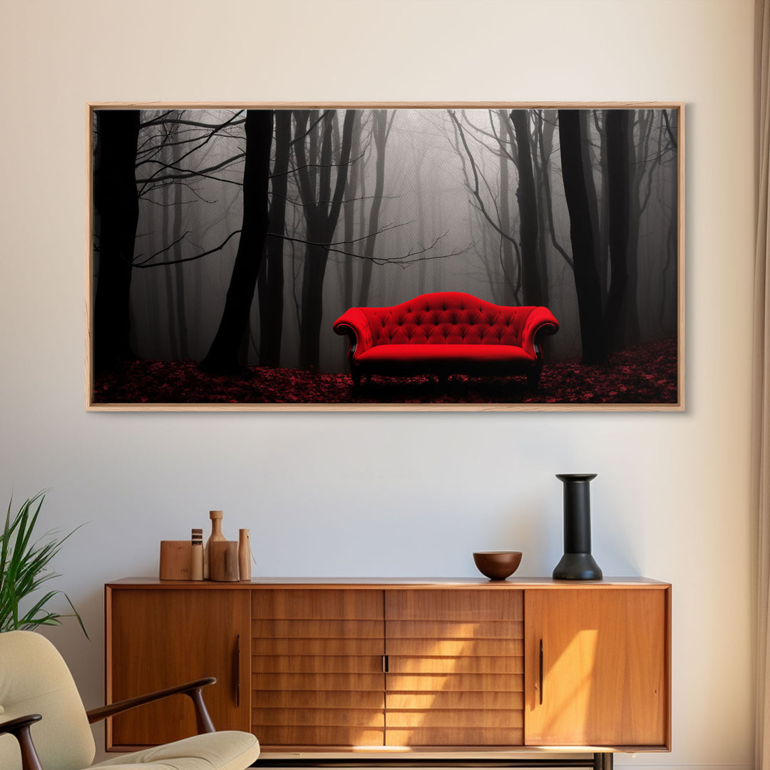 Red Sofa In A Forest Framed Canvas Print, Thought Provoking Art, Framed Art, Creepy Photography, Halloween Art