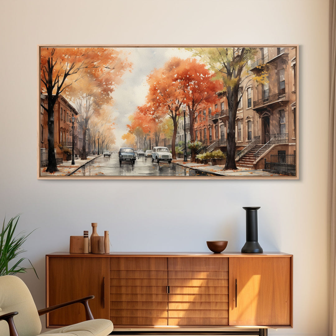 New York City In The Fall, Framed Canvas Print, NYC Decor, Fall Centerpiece, Watercolor Painting, City Painting, Fall Wall Decor