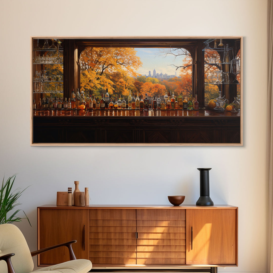 Fall Bar Decor Framed Canvas Print, Oil Painting Of A Vintage Tavern In The Fall, Fall Centerpiece, Fall Decor, Fall Leaves, Bar Cart Art