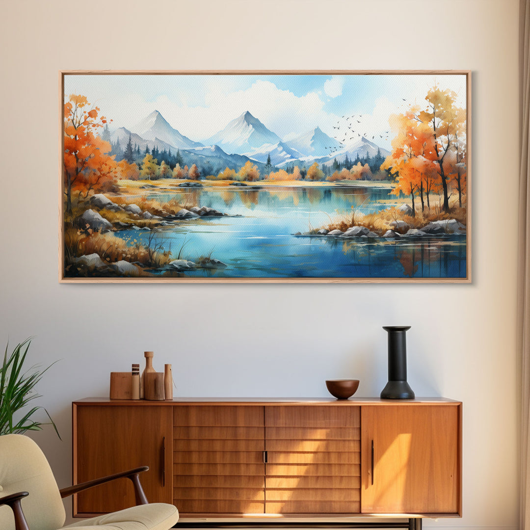 Panoramic Gold Brown Mountain Valley Watercolor Art Print On Canvas, Misty Rolling Hills Landscape Painting, Extra Large Wall Art