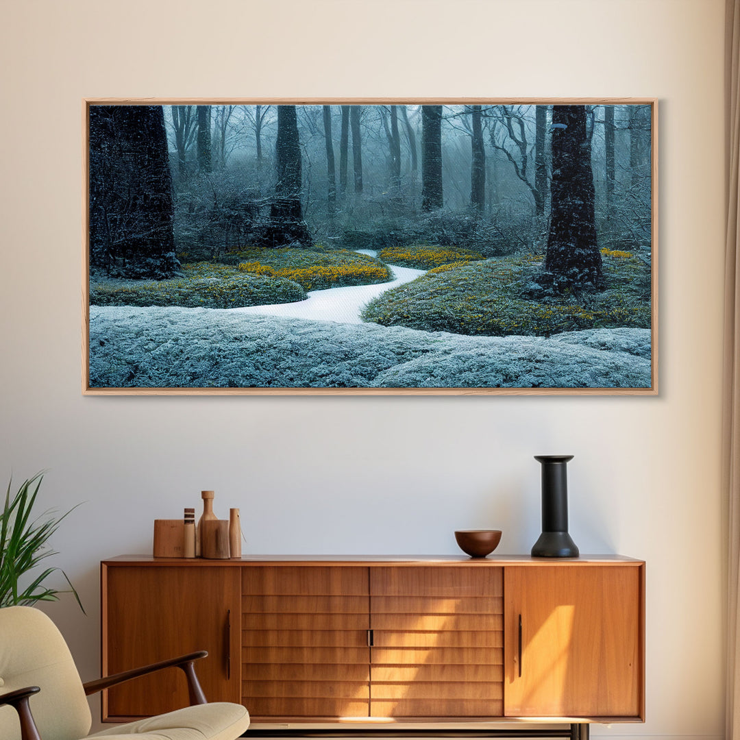 Cabin art, snow covered winter forest, winter vacation home art, framed canvas print, ready to hang framed wall art