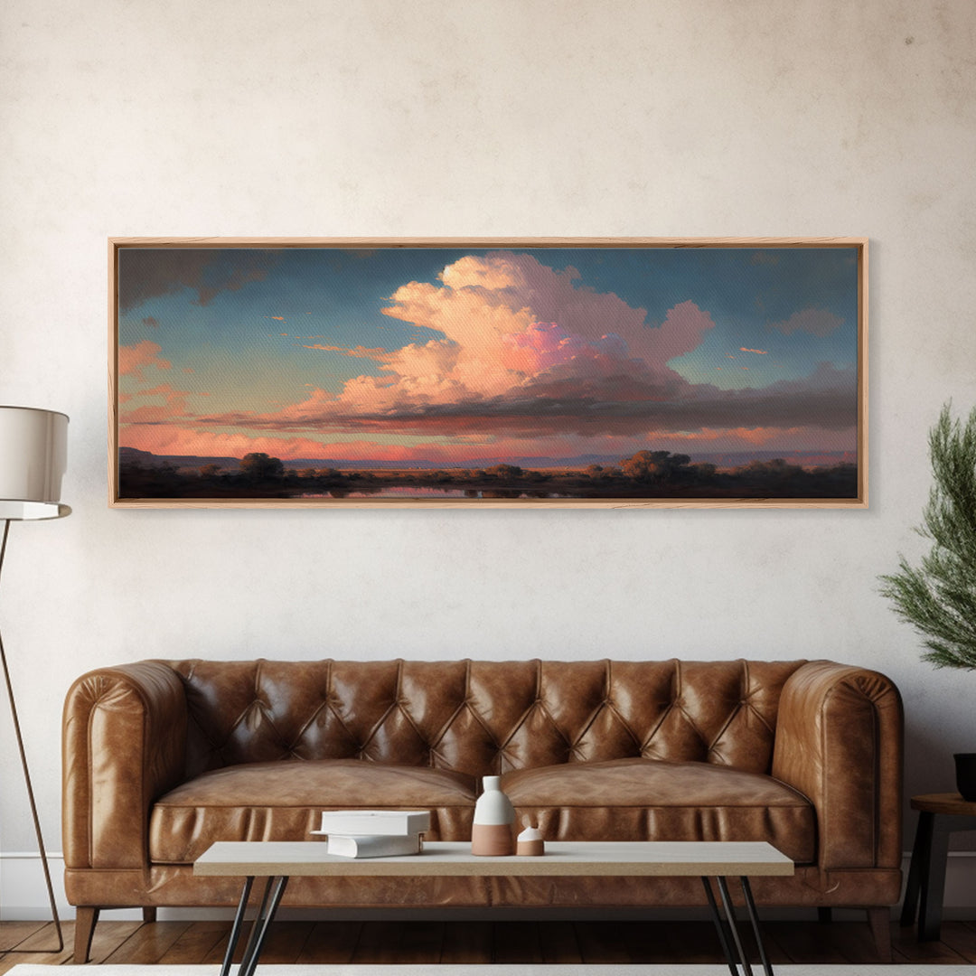 Panoramic Framed Canvas Texas Prairie Sunset Wall Art, Living Room, Bedroom Decor, Sunset Art, Watercolor Painting, Original Artwork