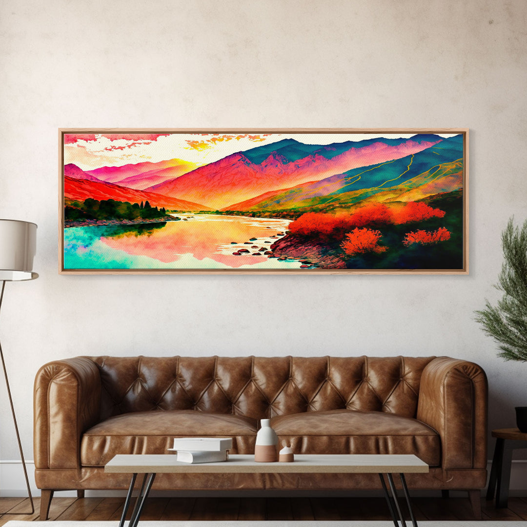 Colorful Abstract Watercolor Landscape, Framed Panoramic Canvas Print, Wide Art, Rainbow landscape painting, surrealist art
