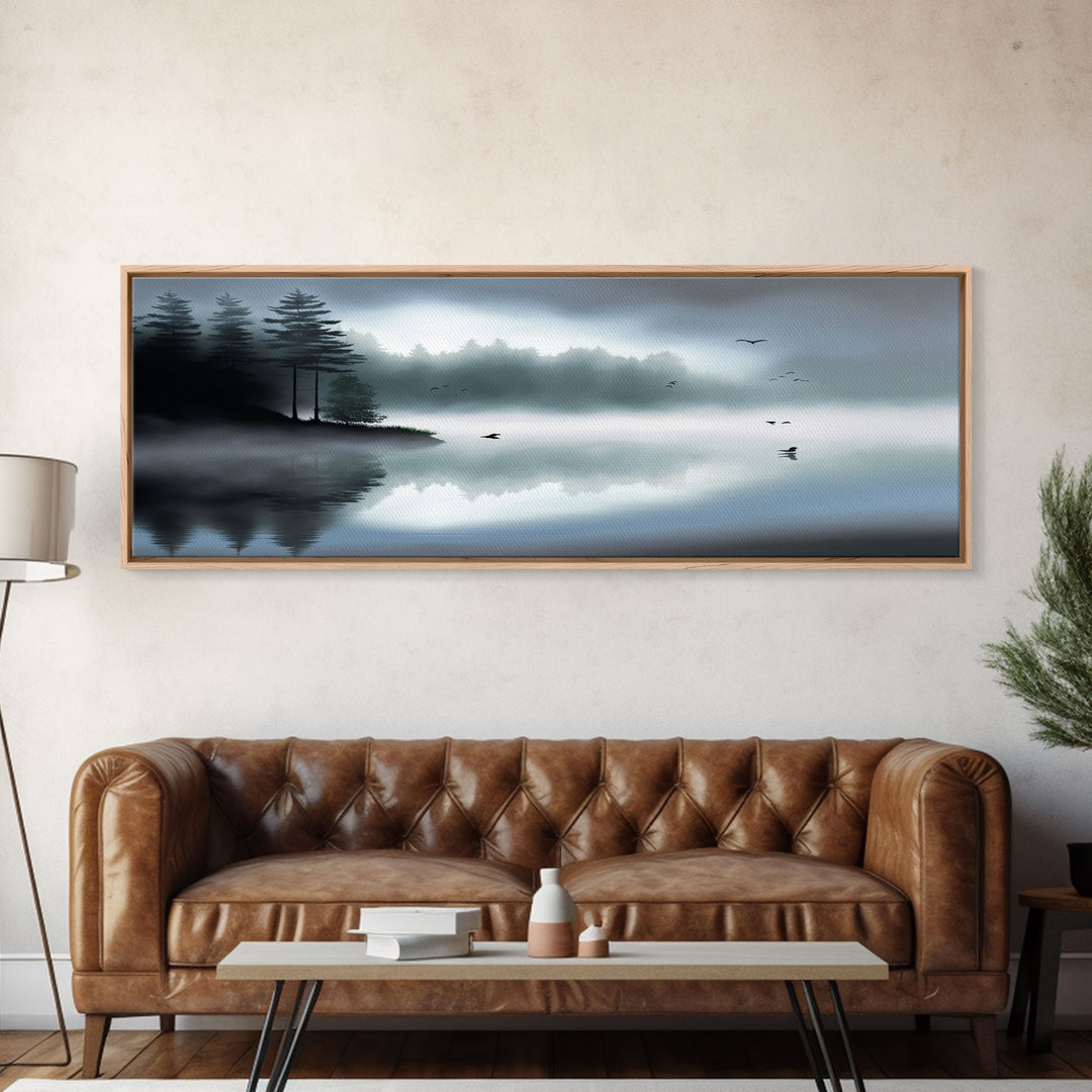 Pacific Northwest Lake & Pine Tree Forest Foggy Watercolor Canvas Print - Framed Panoramic Wall Art Home Decor