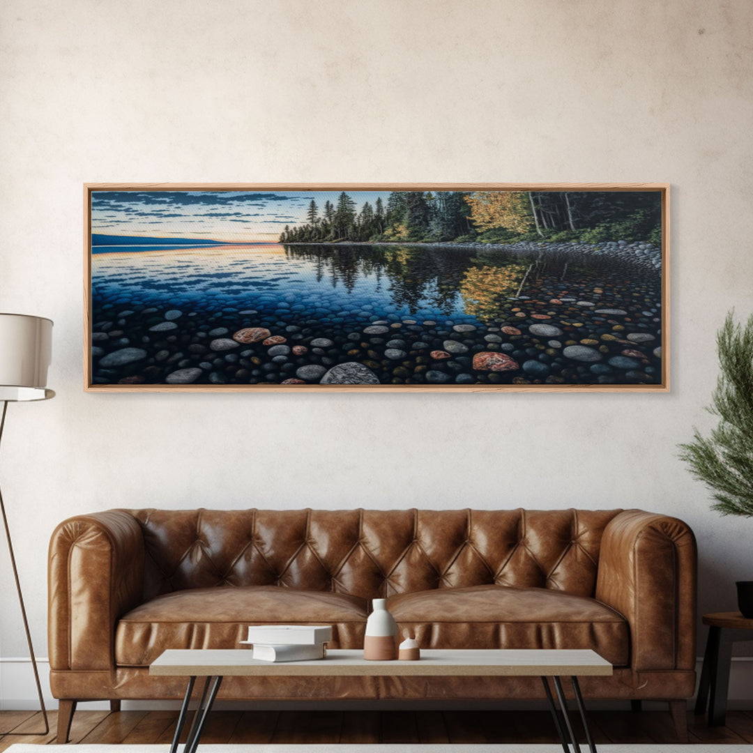 Pacific Northwest Stream or River Watercolor Panoramic Canvas Print | Framed | Colorful Pebbles | Vibrant Colors | Home & Office Décor