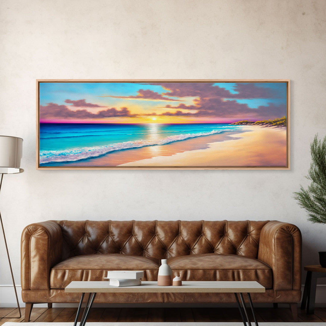 Panoramic Beach Sunset Framed Canvas Print, Watercolor Landscape Painting, Home & Office Decor