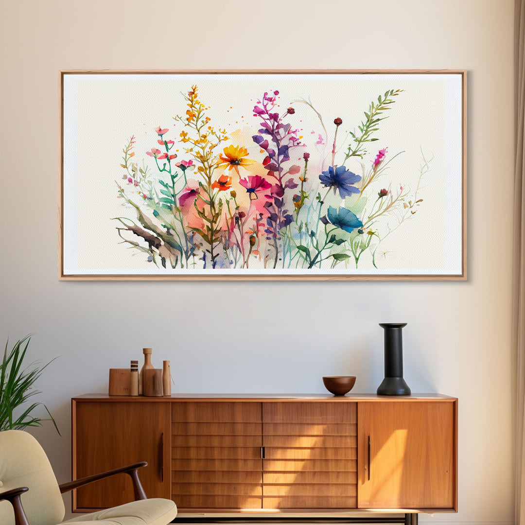 Wildflower Canvas Print, Watercolor Flowers, Farmhouse Decor, Meadow Grass, Bedroom Wall Decor, Pastel Colors, Botanical Greenery