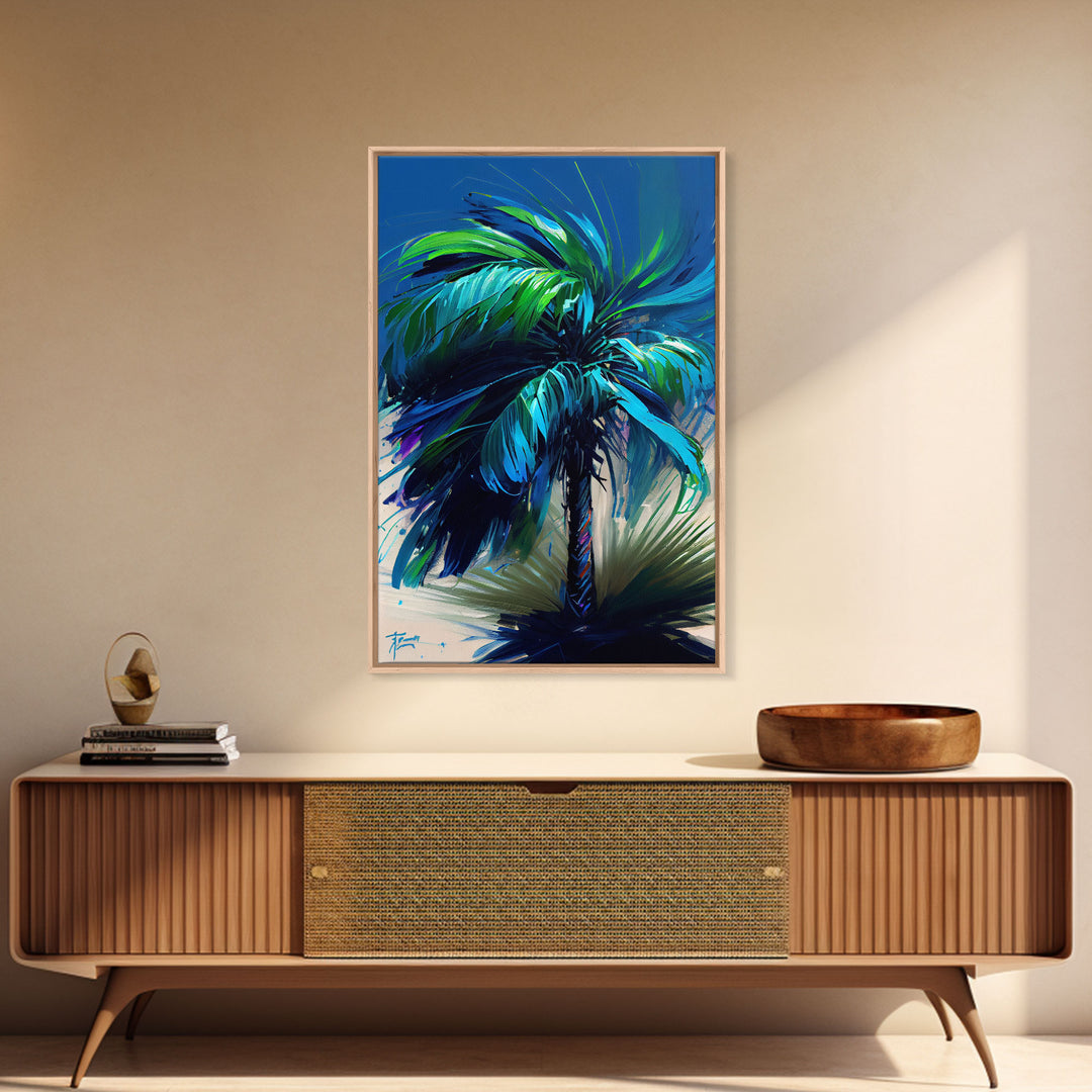 Vibrant Blue and Green Palm Tree Watercolor Canvas Print - Tropical Wall Art Home Decor Artwork