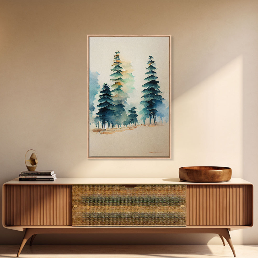 Mysterious Pine Tree Forest Watercolor Canvas Print - Nature Wall Art Home Decor Artwork, Framed Canvas Print