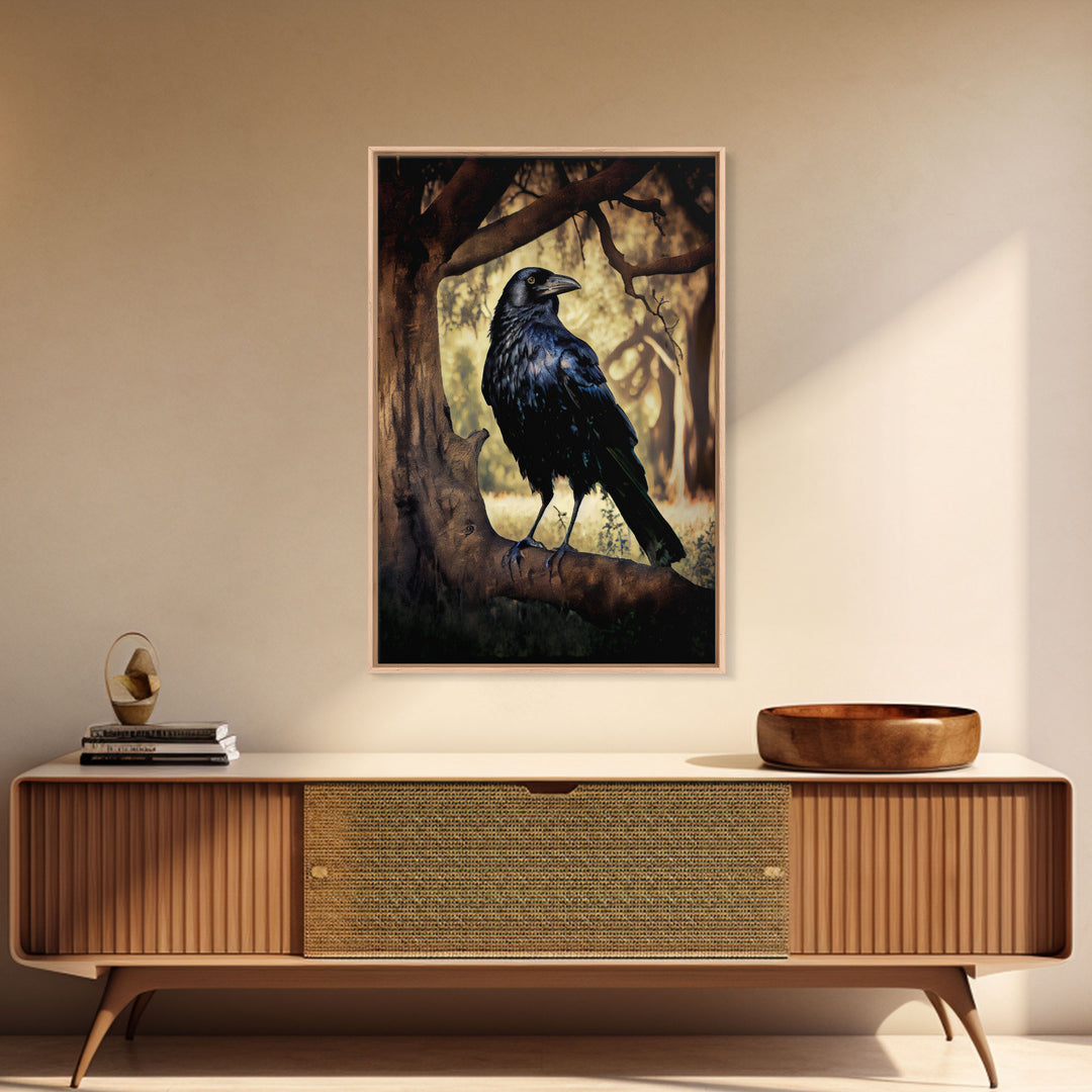 Portrait of a raven, cool crow art, framed canvas print