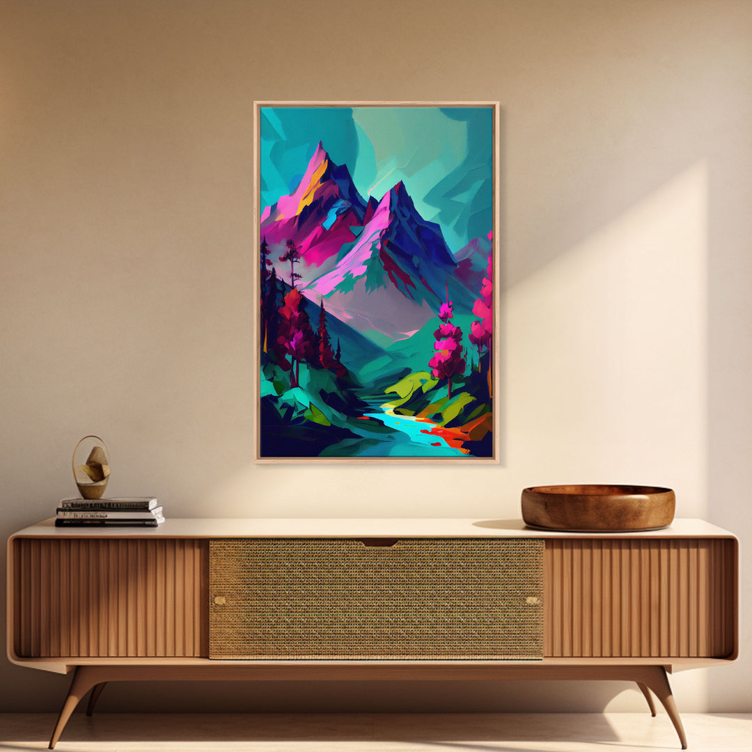 Vibrant Vaporwave Mountain Watercolor Wall Art Canvas Print - Colorful Nature Scene Artwork