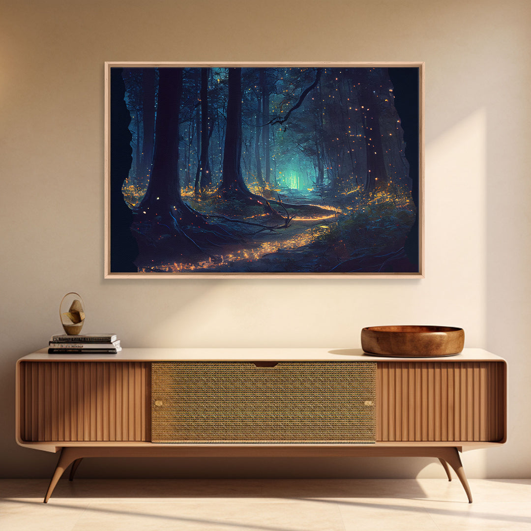 Night In The Forest Woods Path Of Fireflies Fine Art Print, Wall Poster, Wall Art Print, Wall Decor