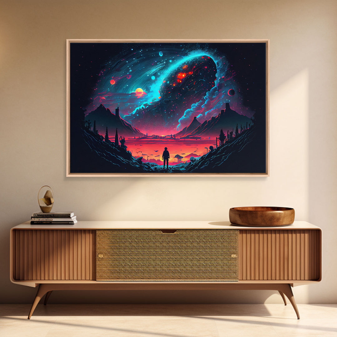 Strange new worlds among the stars, scifi retrowave art, framed canvas print, unique wall art