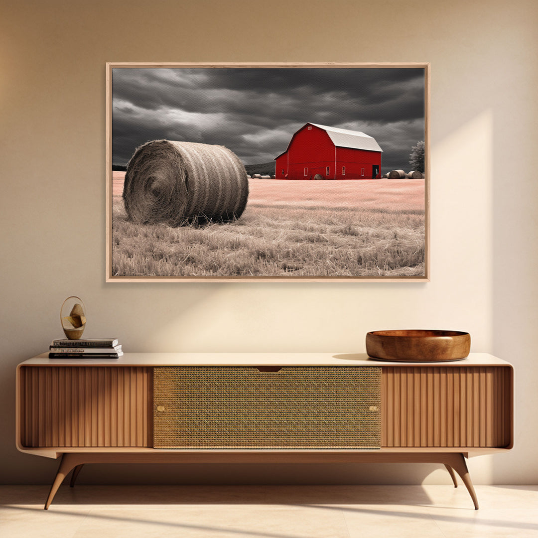 Liminal Spaces, Red Barn Under A Storm Canvas Print, Rustic / Minimalist Cottagecore Wall Art, Framed Canvas Print, Hay Bale Art