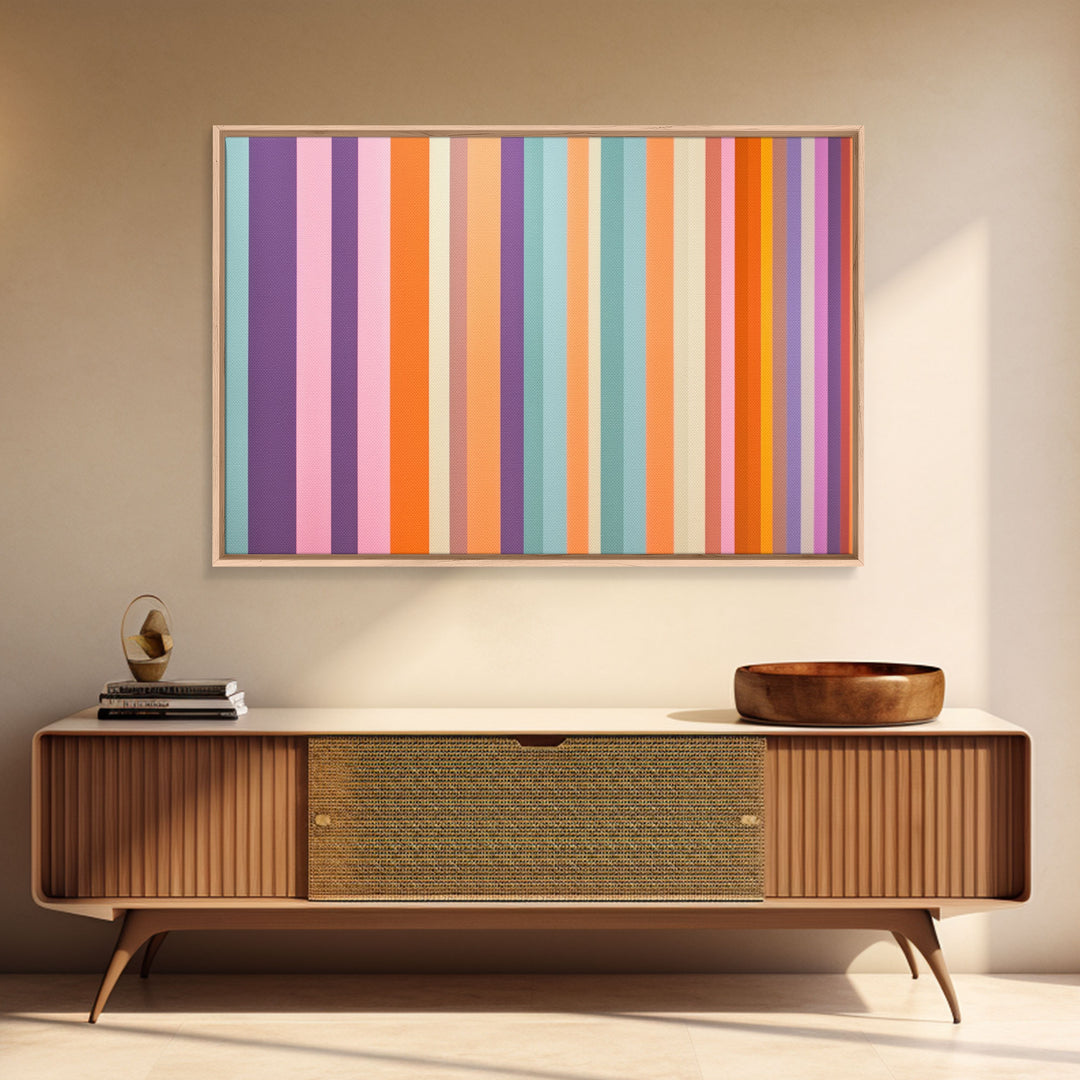 Line Art - Bright Colors - Vertical Stripes - Mid Century Modern Artwork - Large Framed Panoramic Canvas- Abstract Geometric Wall Decor