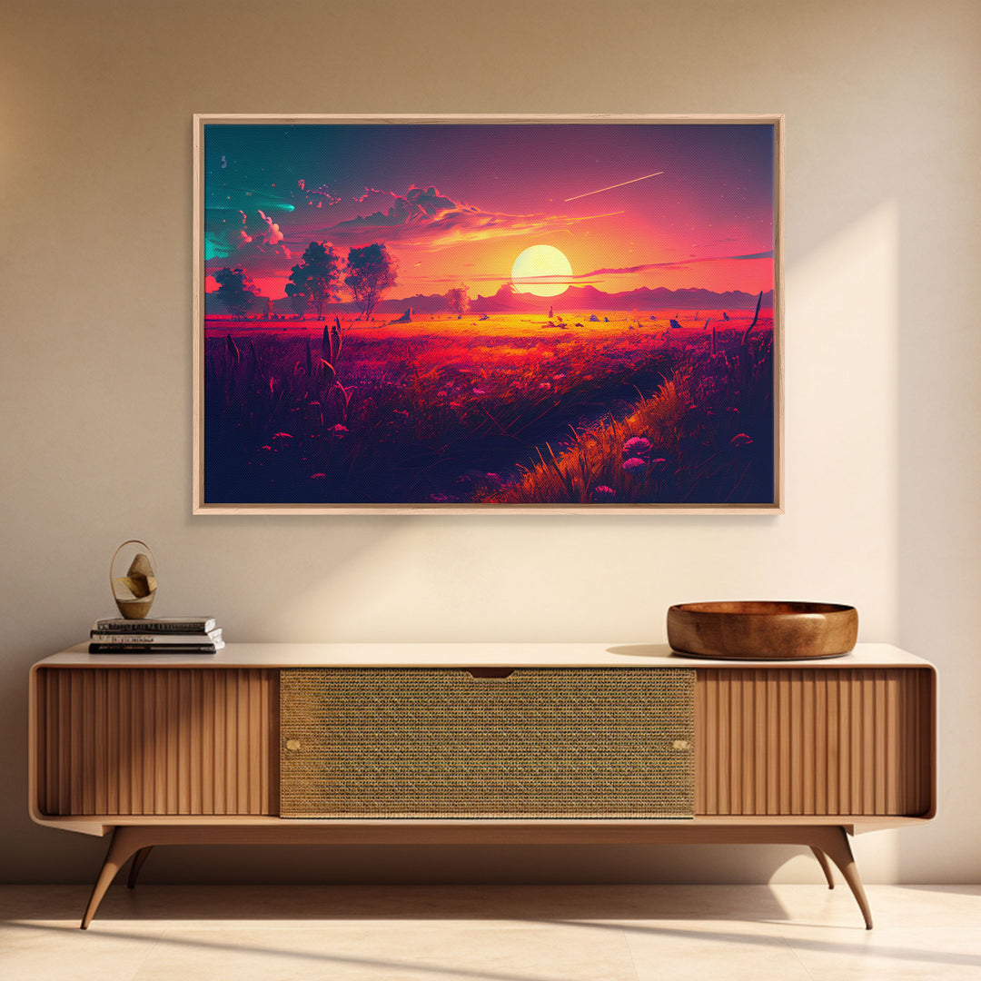 Watercolor of a beautiful sunset over a vibrant field of flowers, framed canvas print, framed art