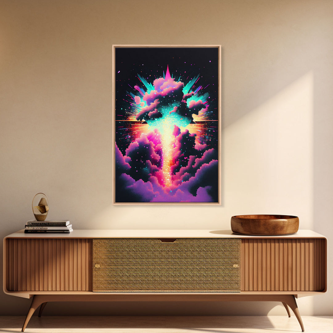 Color Pop Explosion, Vintage style art, framed canvas print, vaporwave aesthetic cloud art