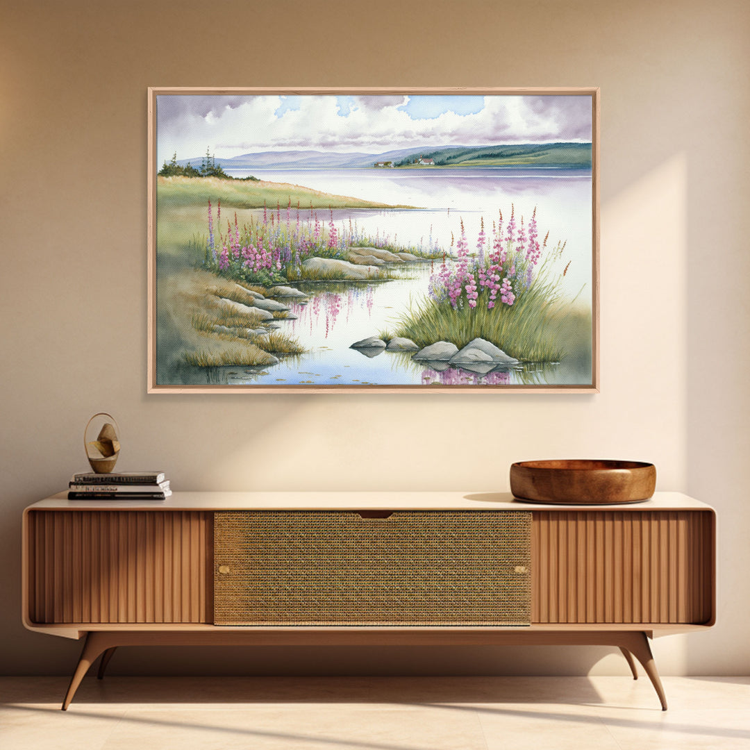Pink flower landscape art, beautiful nature watercolor painting canvas print, Framed Canvas Print, Wall decoration, living room wall art
