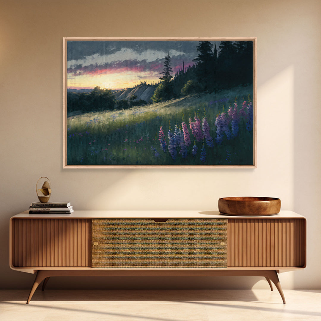 Watercolor of a beautiful landscape at sunset, rustic farmhouse decor, primitive art, cabin art, wall decoration