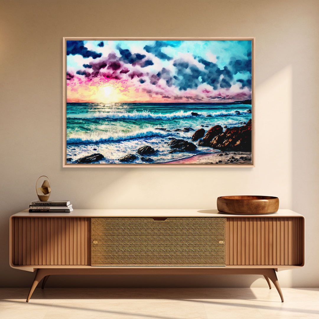 Modern Beach house Art | Framed Canvas Print | Whimsical Minimalist Decor | Cottagecore | Watercolor Painting Print | Boho Style Art