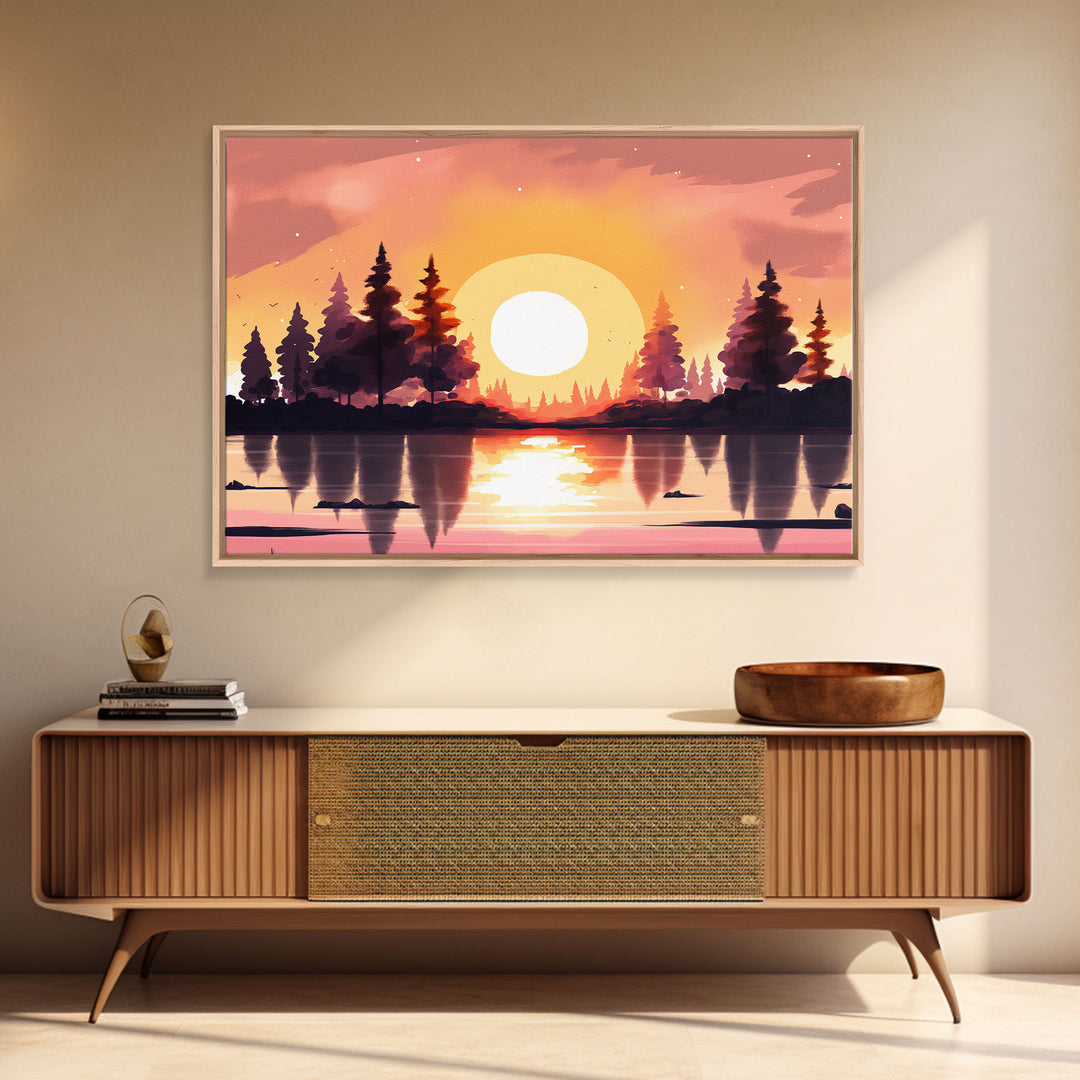 Sunrise Over The Lake and Forest, Lakehouse landscape art, orange and red tones, framed canvas print, watercolor art