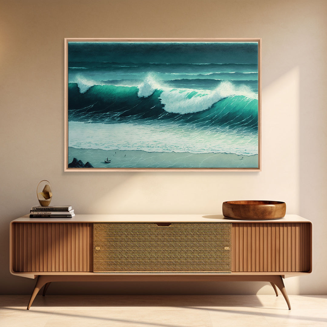 The Monsoon | Beach Art | Framed Canvas Print | Emerald Green Waves | Boho Style Minimalist Painting | Framed Wall Decor Wall Art